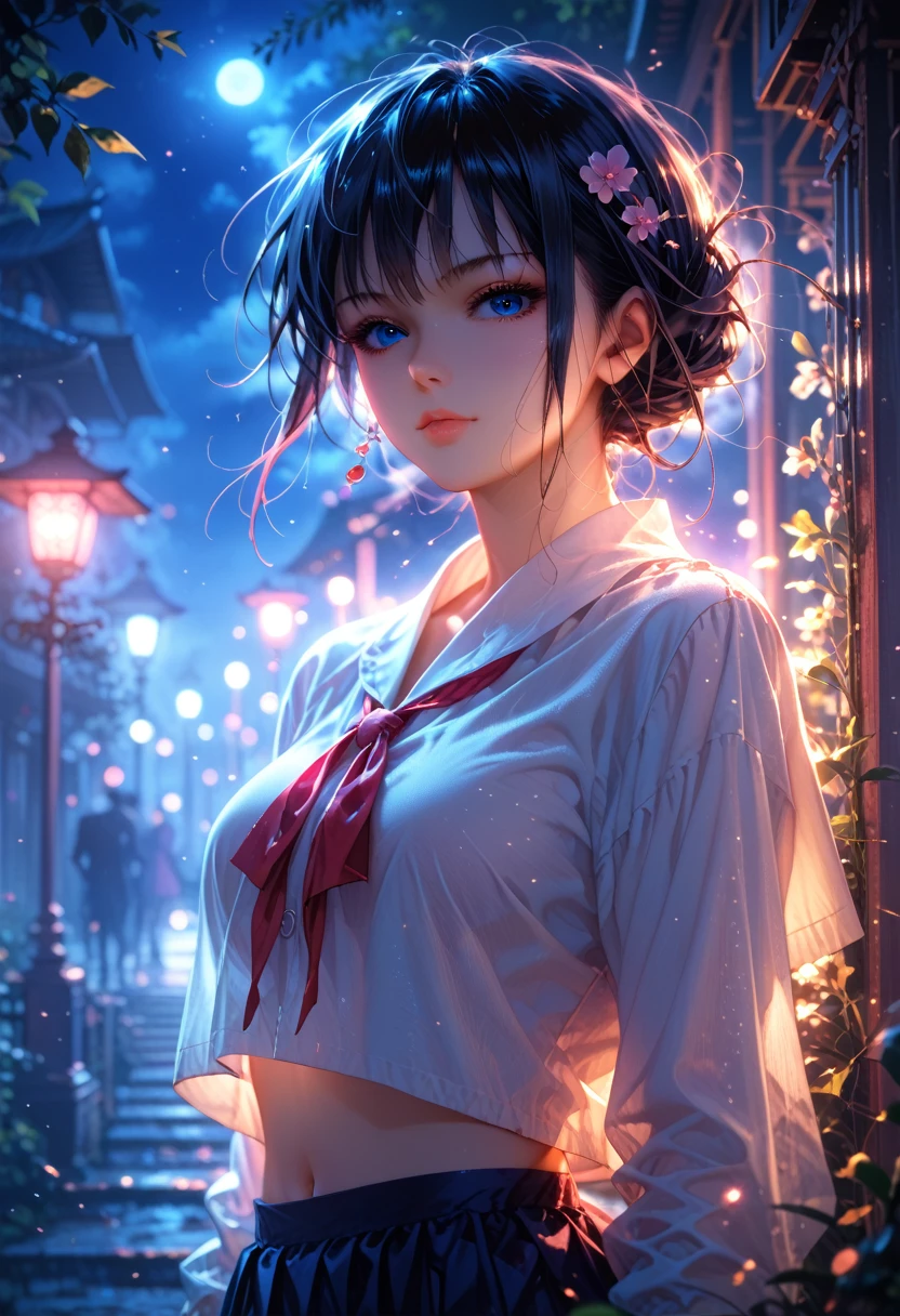 (Backlight,navel:1.1,Black hair),A beautiful woman in a school uniform on the busy streets of Gintama., surrounded by sellers, beautiful portrait of a stunning goddess girl, beautiful detailed face, porcelain skin, half body shot, centered,((moonlight,Night,big neons,strong neon lighting,rim lighting,two-color lighting))),core_9, score_8_up, score_7_up, dramatic lighting, highly detailed, high budget, bokeh, cinemascope, moody, epic, gorgeous, film grain, grainy, masterpiece, best quality, perfect anatomy, very aesthetic, official art, 8k,