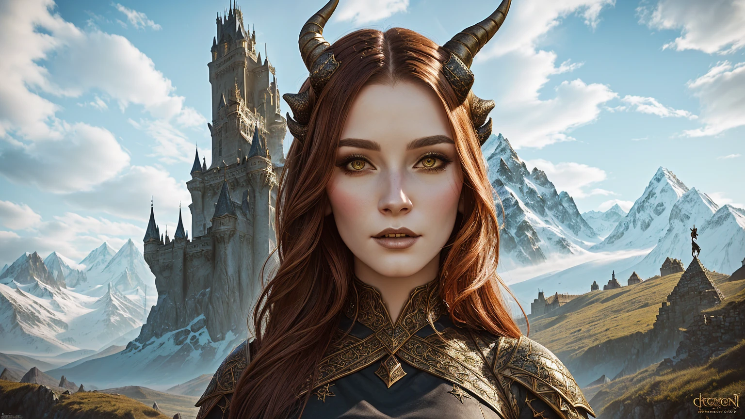 There is a woman with horns and in a dress standing in front of the mountain, portrait concept art fantasy, fantasy portrait, Portrait of a fantasy character, epic fantasy style hd, castle background, gothic background, hell background, fantasy portrait, epic fantasy portrait, 