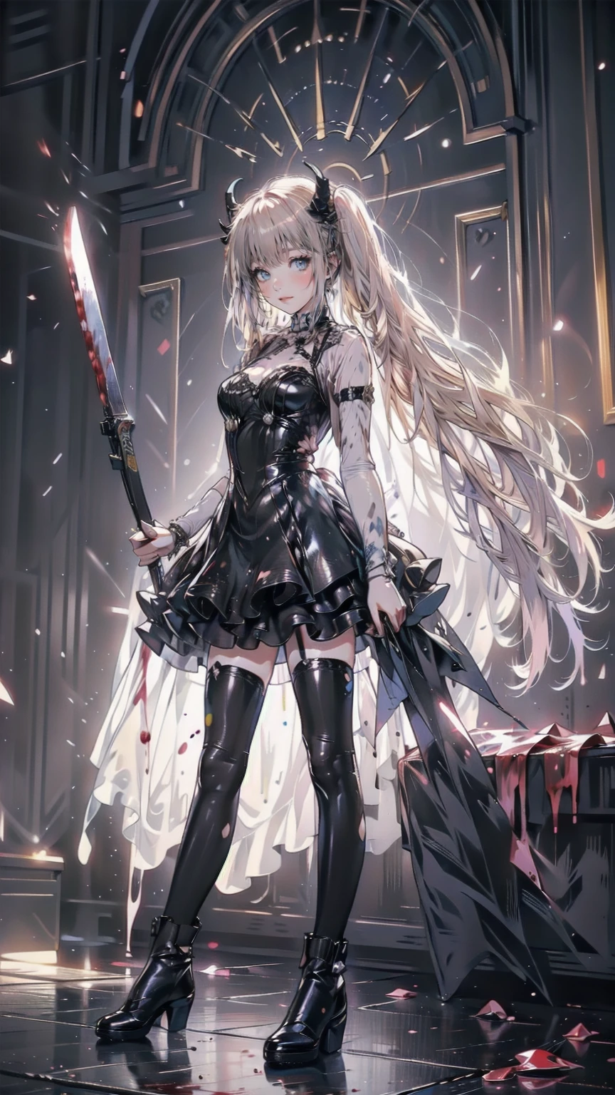 , Perfect Eyes, Soft Light, high quality, 4K resolution, Masterpiece: Finely textured skin, Attention to detail, 最high quality, Awards, Very detailed, high quality, devilの女王、Goat with horns, Gothic Dress, Living in the depths of hell, Lava flow, Blue long hair, Bright Blue Eyes, Red High Heels, Navy Blue Dress、Shadowed face　、Have a weapon、Staring at the audience with a frightened expression、beautiful girl、とてもcute天使、Pink Gothic Fashion、cute、baby face、smile、Long skirt、Black long boots、.(最high quality,4K,High resolution,masterpiece:1.2),Very detailed,Realistic:1.37,Spooky altar background,Dark fantasy,Red color scheme,Ominous atmosphere,Eye-catching,Storytelling,anatomy,Anime Style,Concept Art,beautifulAttention to detail顔と (((Red eyes ))),A terrifying ritual ,devilの儀式,Premature death,Inappropriate behavior,クレイジーなsmile,Scythe Face,Girl Monster, beautiful, Delicate facial features, Sharp Eye, Sharp Fangs, pale Skin, Dark Background, Cinema Lighting, Dramatic Shadows, Gothic style, Gloomy atmosphere, Dark fantasy, One person&#39;S, Please open your mouth wide, Open your mouth and baring your teeth,Sharp teeth like a beast, Wide lips, Very wide mouth, Red cheeks, ,(Blood splatter:1.4),Scary smile, smile,Angel Design, TwiSted smile、Bloody、Head bleeding,,,,,、Blood splatter、,(Blood splatter:1.4),skull,devil&#39;s gun,Horror Style, ((Fantasy Sweet Ta Frill Pink Costume)), ((Flowing blonde hair)), ,(Blood splatter:1.4),Female Curves, Sexy flat stomach, Perfect hands, Perfect anime character face, (Pink Tata Dress)), Standing, ((邪悪なsmile)), ,(Blood splatter:1.4), Steam circulation, Moonlight Illumination, night lighting, (Blood splatter:1.6),アニメAngel Design, TwiSted smile、Bloody、Head bleeding,,,,,、Blood splatter、,(Blood splatter:1.4), skull,Gothic architecture、Western architecture、ファンタジーのworld、,Victorian city, Skeleton Gas Light,Absurd, High resolution、 ((Tabletop)), ((最high quality)), (Very detailedな), ((Very detailed)), (beautiful), ((cute)), (NFSW:1.8), One personで,(:1.6)、(world&#39;最も恐ろしく不気味なdevilの少女:1.5)beautiful face、Full Body Ezbian、pale, beautiful肌、beautiful金の髪、smile gently、Dark building ruins、(snow white&#39;Frill dress:1.3)、(The dark ruins are stained with blood:1.3)、Low angle full body shot、(少女は血の池の中にStanding:1.5)、(The ground is full of blood:1.3)、(The girl lost a lot of blood.....:1.3)、(クレイジーなsmile:1.6)、Spirits、(Blood dripping from the mouth:1.3)、
