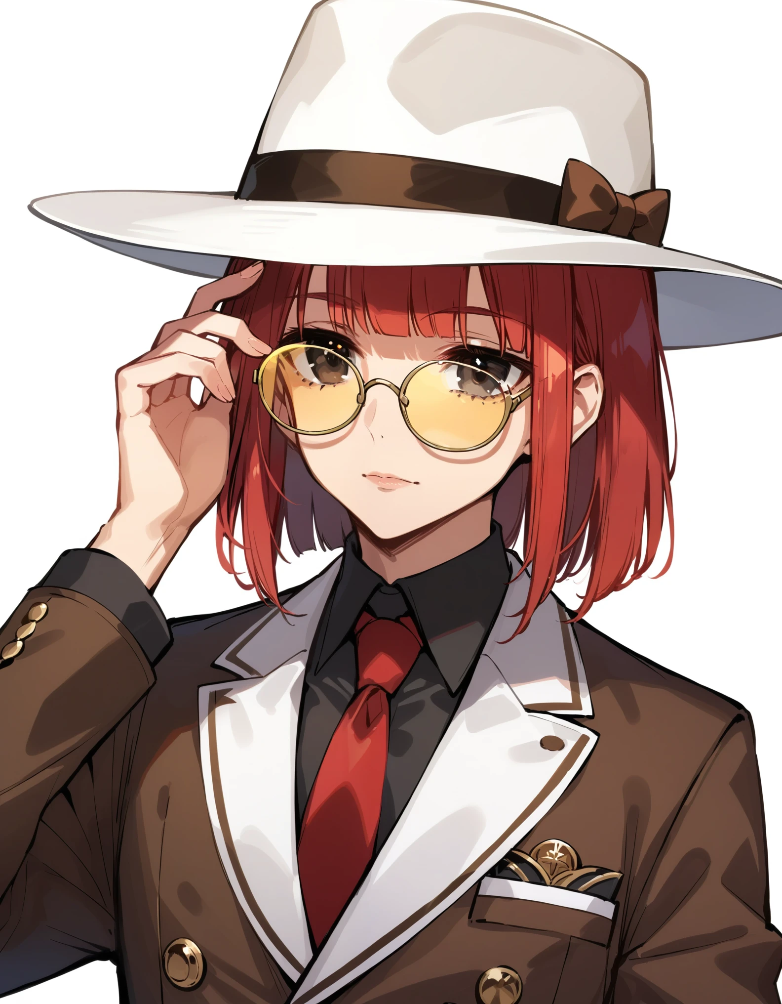 score_9, score_8_up, score_7_up, masterpiece, ultra-detailed, pretty eyes, 1man, solo, red hair, Medium hair, hime cut, half closed eyes, Black Eyes, Brown double-breasted suits, Simple suits, white fedora hat, red necktie, Black Round EYEWEAR, Yellow tinted eyewear, hand on hat, White background, Simple background, upper body
