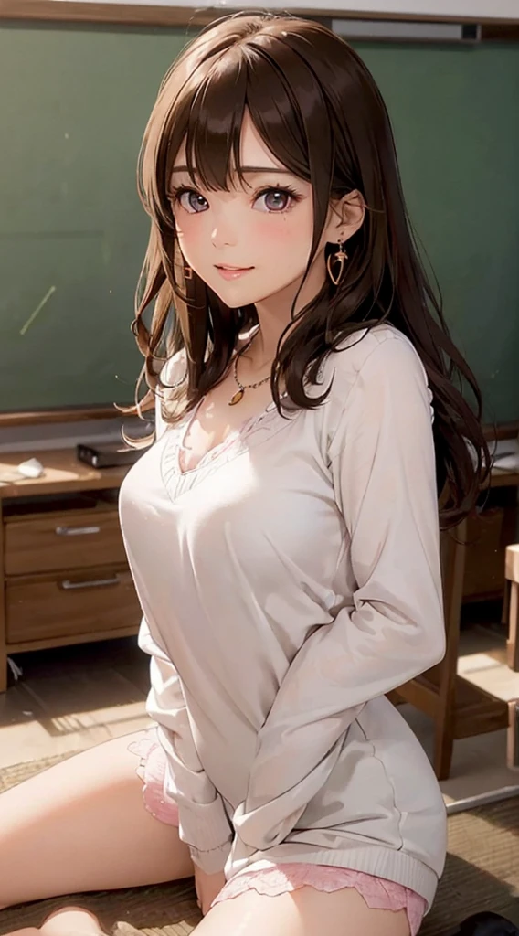 (Tabletop: 1.3), (Maximum resolution: 1.2), (Ultra HD TV: 1.2), Cinematic light, Ultra HD TV, (Fine grain and skin), (Detailed facial features), Hmph, 8K resolution, Sharp focus: 1.2, Perfect Style, Beautiful Face, Perfect body, Accurate, Anatomically correct, Highly detailed face and skin texture, Fine grain, Dark blue eyes, double eyelid, Thin eyebrows, Glitter Eyeliner: 1.2, Natural Cheeks, Shiny skin, Fair skin: 1.2, Shiny little necklace and earrings, (Glossy Lips: 1.4), break, First Person View, (She is a very cute female teacher), (Pink lace panties), (Captivating smile: 1.2), ((Pure and cute girl:1.3)), (Long Wavy Hair), (Light Brown Hair:1.2), (Cowboy Shot: 1.2), break, ((Very close relationship: 1.2)), Medium large breasts, ((View your viewers:1.2)), ((classroom:1.2)), ((Bend your knees and open your legs wide:1.2)), (From the side:1.2),Low angle shot,Full Body Shot A light-colored, long-sleeved, tight-fitting sweater flare skirt Embarrassed look Kamimei Sexy ass