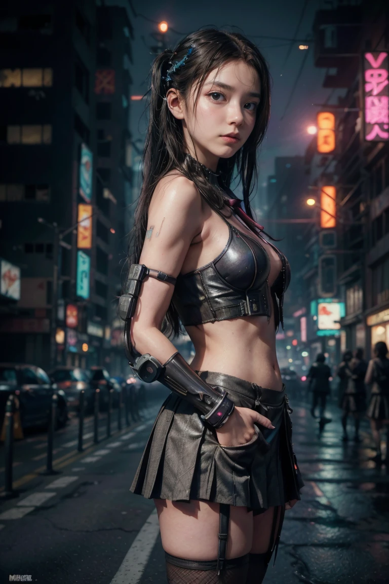 (masterpiece、Best Quality、Best Quality、High resolution、Real、RAW Photo 8k)、(SF、Cyberpunk night cityscape、Cyberpunk night neon city:1.2)、European Girls、Bright deep blue eyes、Sharp Eye、Thin Nose、Beautiful Face、Female 1 person、beautiful girl、teenager、Hair blowing in the wind、Black Hair、Straight Long Hair、Glowing hairpin:1.2、Toned body、(Cyberpunk Junior high school students uniform:1.3)、Fishnet stockings、garter belt、belly button、Glowing Tie、(Hands in pockets:1.2)、Night walk、Medium Shot、(from side、look at viewer)、underboob