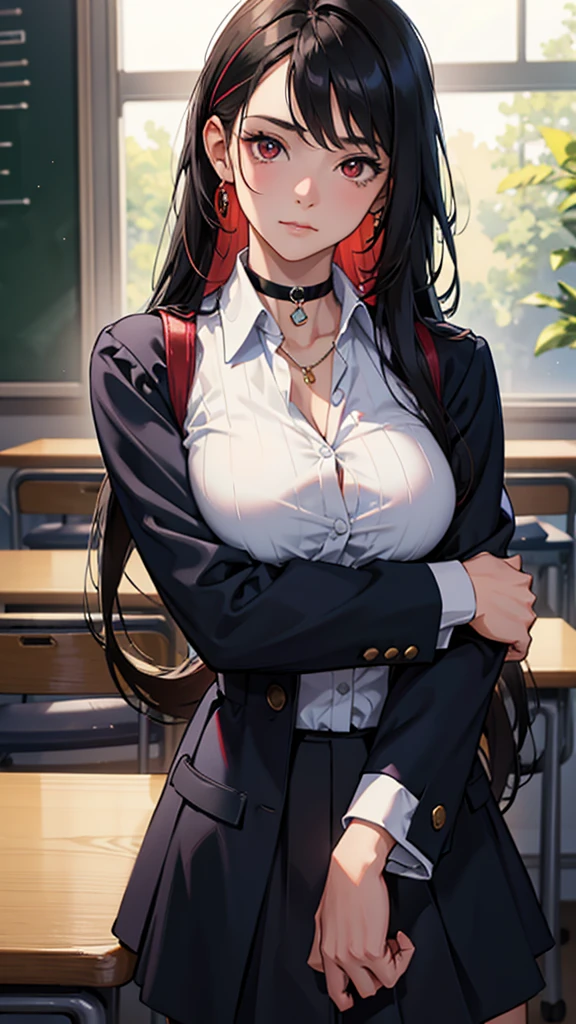 Classroom Background,
school uniform, navy blue jacket, white collared shirt, Black Choker, chained, jewelry,
BREAK black Hair, sleek long hair style , red eyes, Bangs,
BREAK 1 girl, 20yo,Young female,Beautiful Finger,Beautiful long legs,Beautiful body,
Beautiful Nose,Beautiful character design, perfect eyes, perfect face,expressive eyes,perfect balance,
looking at viewer,(Focus on her upper body ),closed mouth, (innocent_big_eyes:1.0),(Light_Smile:0.3),
official art,extremely detailed CG unity 8k wallpaper, perfect lighting,Colorful, Bright_Front_face_Lighting,White skin,
(masterpiece:1.0),(best_quality:1.0), ultra high res,4K,ultra-detailed, photorealistic:1.1
photography, 8K, HDR, highres, absurdres:1.2, Kodak portra 400, film grain, blurry background, bokeh:1.2, lens flare, (vibrant_color:1.2),professional photograph,
(Beautiful,Breasts:1.0), (beautiful_face:1.5),(narrow_waist),