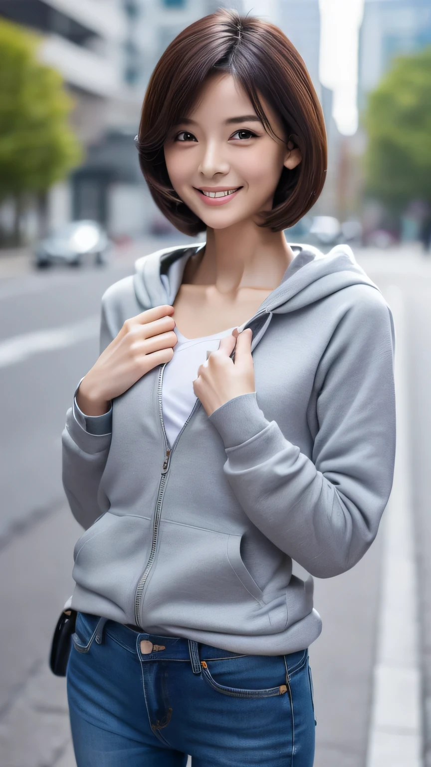 (8K、Raw photography、top-quality、masterpiece:1.2)、(realisitic、realisitic:1.37)、超A high resolution、photon maping、Physically Based Rendering、1girl in、(brunette:1.3)、Twin-tailed、A detailed face、A detailed eye、is standing、Look at viewers、(little smile cute:1.2)、(Happiness)、Healing cute、(Soccer Field:1.2)、(early evening:1.2)、sweat pant、Open Sports Jacket、white t-shirts、Colossal tits