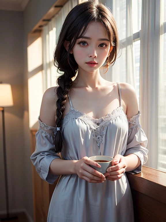 (masterpiece: 1.2, Portraiture, Highest quality), Realistic, (Live Action, Intricate details, Written boundary depth), Highest quality, masterpiece, Attention to detail, semi-Realistic, Drinking coffee in the morning , shy, 21 years old, Short blonde, blue eyes, blonde、 Slim figure、Shoulder Bare、night、Light is streaming in through the curtains, Wearing a nightgown, Drink coffee、Dark Room；1.5