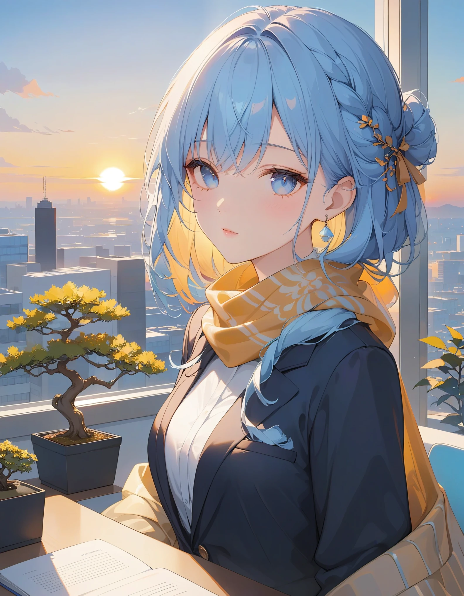 close-up, 1girl, solo, intricate braided hair, blue eyes, pinstripe blazer, silk scarf, miniature bonsai tree, a glass office overlooking a city, bathed in golden sunset light, masterpiece, best quality, very aesthetic, absurdes.
