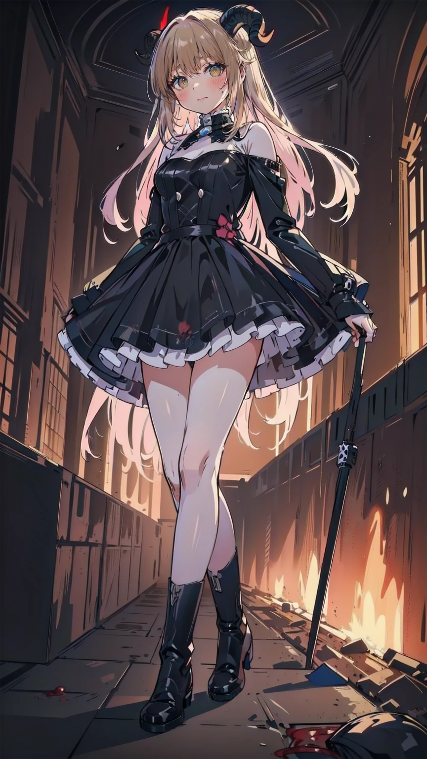 , Perfect Eyes, Soft Light, high quality, 4K resolution, Masterpiece: Finely textured skin, Attention to detail, 最high quality, Awards, Very detailed, high quality, devilの女王、Goat with horns, Gothic Dress, Living in the depths of hell, Lava flow, Blue long hair, Bright Blue Eyes, Red High Heels, Navy Blue Dress、Shadowed face 、Have a weapon、Staring at the audience with a frightened expression、beautiful girl、とてもcute天使、Pink Gothic Fashion、cute、、smile、Long skirt、Black long boots、.(最high quality,4K,High resolution,masterpiece:1.2),Very detailed,Realistic:1.37,Spooky altar background,Dark fantasy,Red color scheme,Ominous atmosphere,Eye-catching,Storytelling,anatomy,Anime Style,Concept Art,beautifulAttention to detail顔と (((Red eyes ))),A terrifying ritual ,devilの儀式,Premature death,Inappropriate behavior,クレイジーなsmile,Scythe Face,Girl Monster, beautiful, Delicate facial features, Sharp Eye, Sharp Fangs, pale Skin, Dark Background, Cinema Lighting, Dramatic Shadows, Gothic style, Gloomy atmosphere, Dark fantasy, One person'S, Please open your mouth wide, Open your mouth and baring your teeth,Sharp teeth like a beast, Wide lips, Very wide mouth, Red cheeks, ,(Blood splatter:1.4),Scary smile, smile,Angel Design, TwiSted smile、Bloody、Head bleeding,,,,,、Blood splatter、,(Blood splatter:1.4),skull,devil's gun,Horror Style, ((Fantasy Sweet Ta Frill Pink Costume)), ((Flowing blonde hair)), ,(Blood splatter:1.4),Female Curves, Sexy flat stomach, Perfect hands, Perfect anime character face, (Pink Tata Dress)), Standing, ((邪悪なsmile)), ,(Blood splatter:1.4), Steam circulation, Moonlight Illumination, night lighting, (Blood splatter:1.6),アニメAngel Design, TwiSted smile、Bloody、Head bleeding,,,,,、Blood splatter、,(Blood splatter:1.4), skull,Gothic architecture、Western architecture、ファンタジーのworld、,Victorian city, Skeleton Gas Light,Absurd, High resolution、 ((Tabletop)), ((最high quality)), (Very detailedな), ((Very detailed)), (beautiful), ((cute)), (NFSW:1.8), One personで,(:1.6)、(world'最も恐ろしく不気味なdevilの少女:1.5)beautiful face、Full Body Ezbian、pale, beautiful肌、beautiful金の髪、smile gently、Dark building ruins、(snow white'Frill dress:1.3)、(The dark ruins are stained with blood:1.3)、Low angle full body shot、(少女は血の池の中にStanding:1.5)、(The ground is full of blood:1.3)、(The girl lost a lot of blood.....:1.3)、(クレイジーなsmile:1.6)、Spirits、(Blood dripping from the mouth:1.3)、