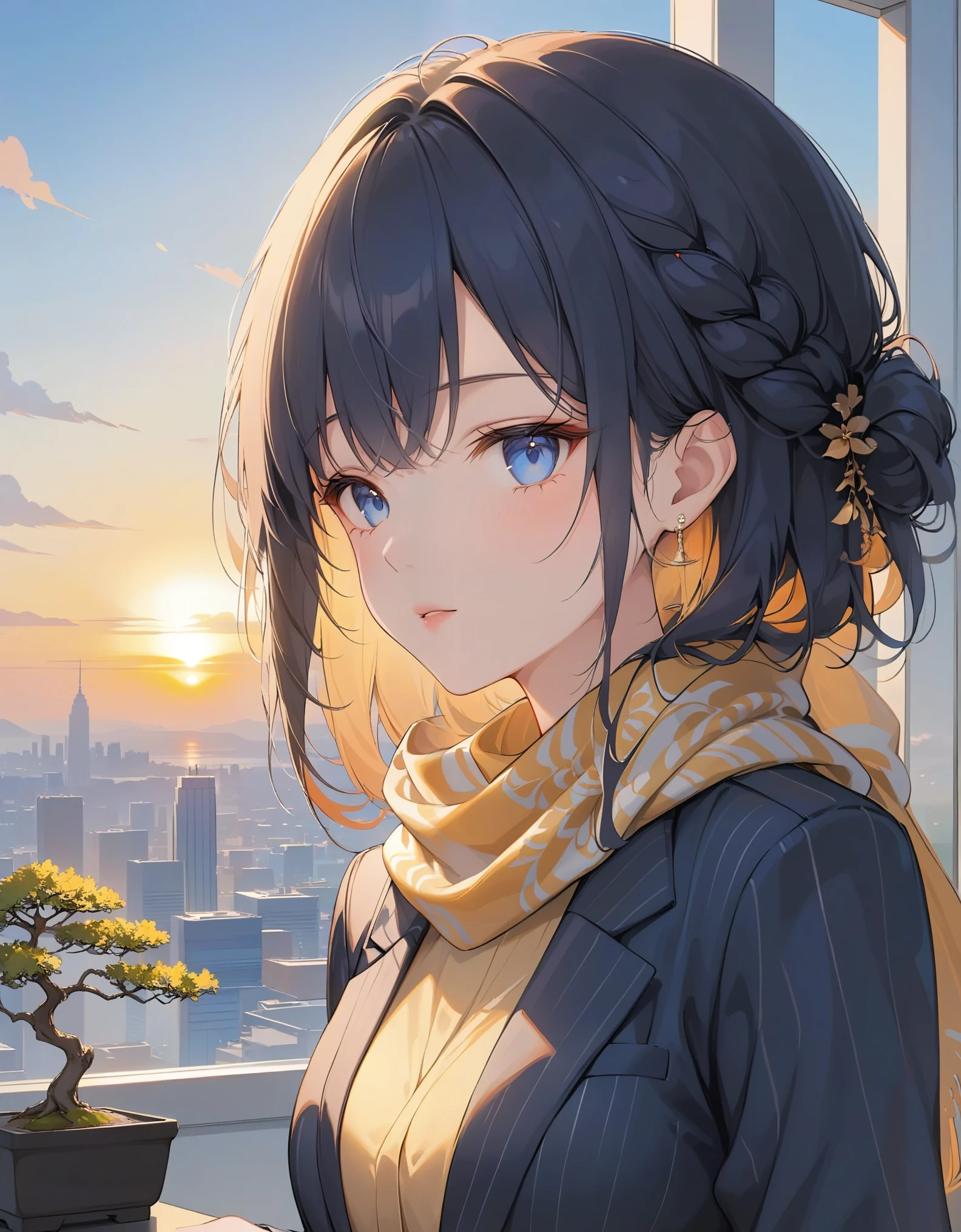 close-up, 1girl, solo, intricate braided hair, blue eyes, pinstripe blazer, silk scarf, miniature bonsai tree, a glass office overlooking a city, bathed in golden sunset light, masterpiece, best quality, very aesthetic, absurdes.