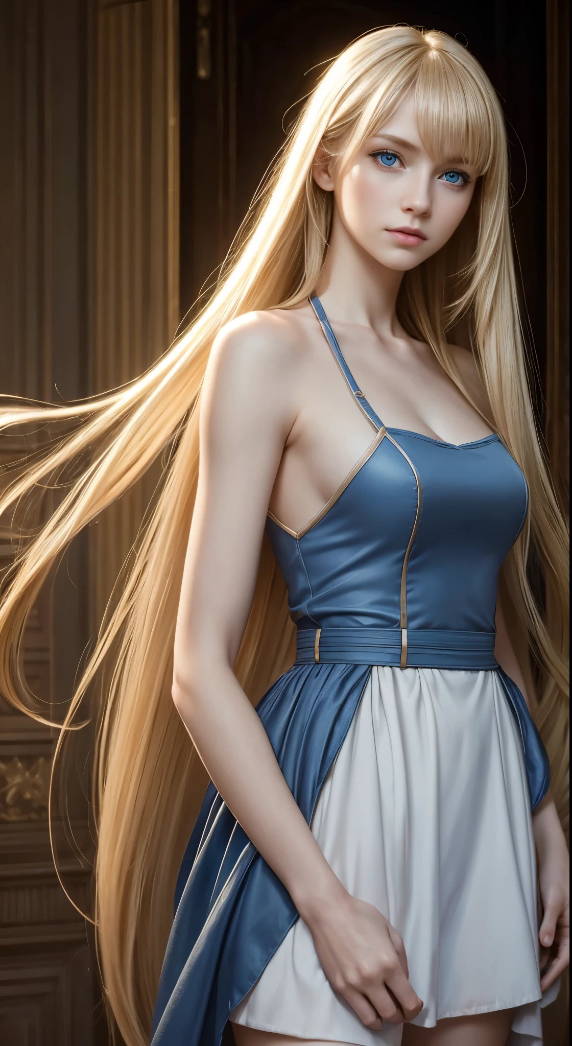 22 year old white female、Hair color is platinum blonde、blue eyes、Longhaire、Straight hair、accessories on wrist、I'm wearing a choker、skin is smooth、a smile、Slender but muscular body、I'm pounding my chest、a smile、wearing a skater dress