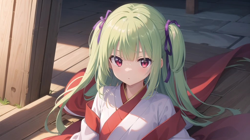 ((masterpiece)),(Best quality),Official Art,Extremely detailed CG,Unity 8k wallpaper,Very detailed,Beautiful and delicate eyes,Extremely detailed face,1 girl,solitary,,(whole body:1.5),(small:1.3),Murasame,Very long hair,Green Hair,Face Up,Purple bow,hairpin,Sidechain,Bangs,Red Eyes,Neck strap,Red belt,Chinese elegant style，Long-sleeved white hanfu，Dawn breaks in Jiangnan after the rain，Sky blue waiting for misty rain