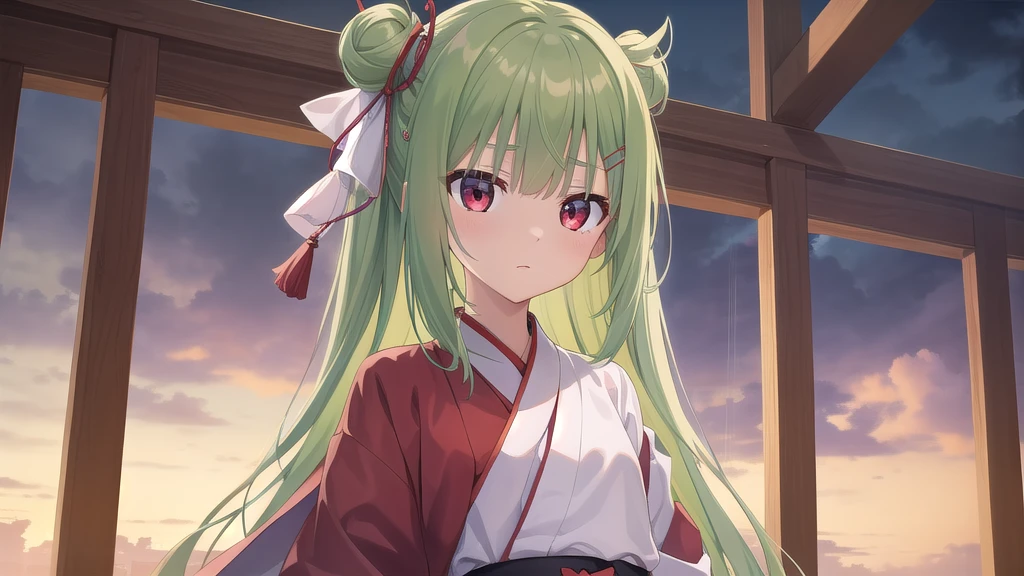 ((masterpiece)),(Best quality),Official Art,Extremely detailed CG,Unity 8k wallpaper,Very detailed,Beautiful and delicate eyes,Extremely detailed face,1 girl,solitary,,(whole body:1.5),(small:1.3),Murasame,Very long hair,Green Hair,Face Up,Purple bow,hairpin,Sidechain,Bangs,Red Eyes,Neck strap,Red belt,Chinese elegant style，Long-sleeved white hanfu，Dawn breaks in Jiangnan after the rain，Sky blue waiting for misty rain