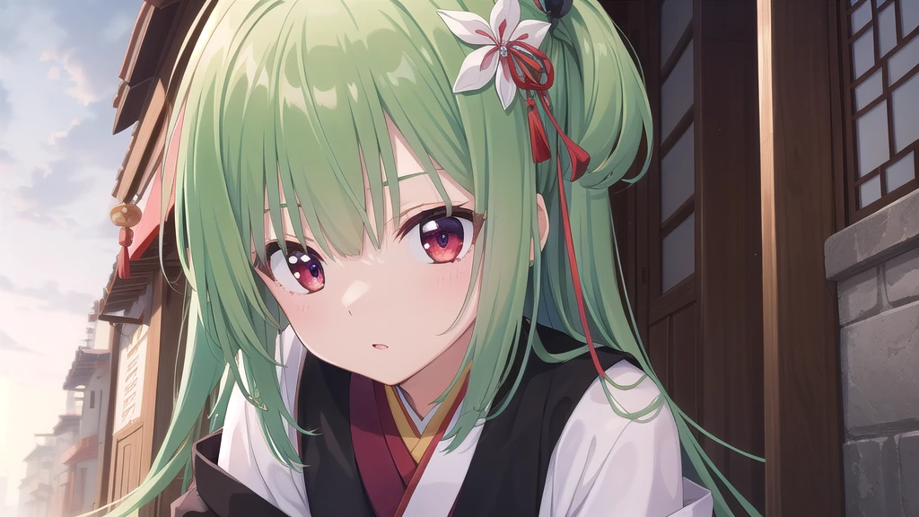 ((masterpiece)),(Best quality),Official Art,Extremely detailed CG,Unity 8k wallpaper,Very detailed,Beautiful and delicate eyes,Extremely detailed face,1 girl,solitary,,(whole body:1.5),(small:1.3),Murasame,Very long hair,Green Hair,Face Up,Purple bow,hairpin,Sidechain,Bangs,Red Eyes,Neck strap,Red belt,Chinese elegant style，Long-sleeved white hanfu，Dawn breaks in Jiangnan after the rain，Sky blue waiting for misty rain