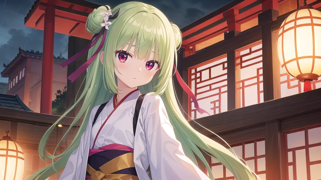 ((masterpiece)),(Best quality),Official Art,Extremely detailed CG,Unity 8k wallpaper,Very detailed,Beautiful and delicate eyes,Extremely detailed face,1 girl,solitary,,(whole body:1.5),(small:1.3),Murasame,Very long hair,Green Hair,Face Up,Purple bow,hairpin,Sidechain,Bangs,Red Eyes,Neck strap,Red belt,Chinese elegant style，Long-sleeved white hanfu，Dawn breaks in Jiangnan after the rain，Sky blue waiting for misty rain