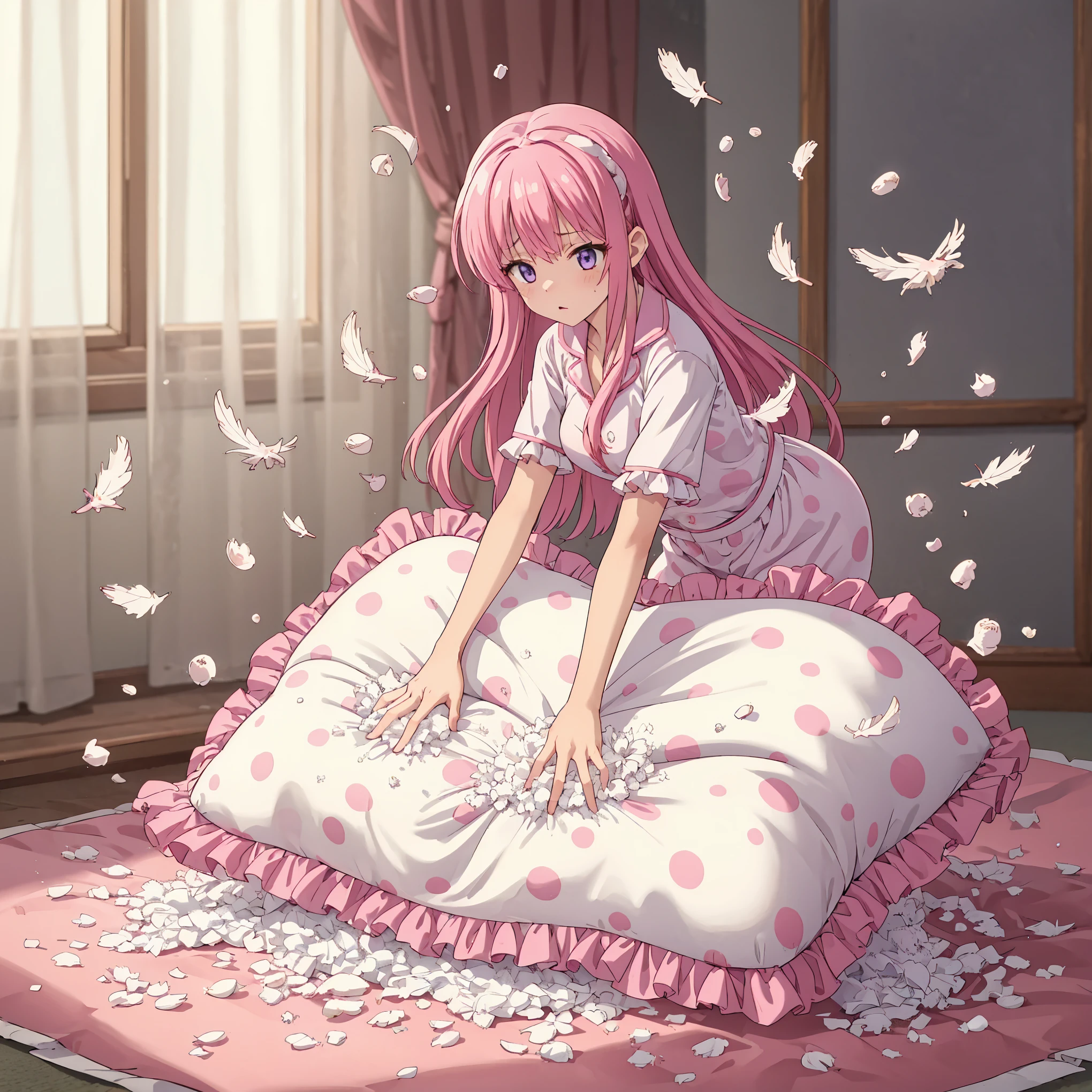 NSFW. a full-body with up perspective of an anime-style purple eyes, pink long hair female kids wearing a white pajama, standing and placing a giant, luxury pattern, frilled white pink polkadot cushion on the floor, tearing and ripping it with both hands until it's completely destroyed and then the stuffing of the cushion is taken and spread out using her hands too. After ruining it, the cushion should be ripping open with feathers and stuffing flying everywhere.The girl should have a ahegao and horny expression, focused on her task. The scene should show her in a luxury and cozy room with many giant, luxury pattern, frilled white pink polkadot square cushion around the floor, with the chaotic explosion of feathes around her, emphasizing the intense action.