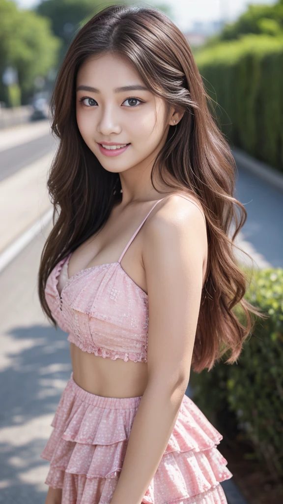Ulzzang-6500-v1.1, (RAW Photos:1.2), (Photorealistic), (Pieces fly), (Genuine:1.4), 1With a girl、1 cute lolita princess、(alone:1.1)、(1 photo:1.1)、(Girly and cute luxury light pink lolita princess dress:1.2)、(Cute big ribbon on the chest:1.1)、(The most extravagant and luxurious giant princess tiara:1.1)、(Huge Jewelry:1.1)、(The most luxurious and finest giant princess jewelry necklace:1.1)、(A top-notch Lolita princess dress with intricate jewelry details:1.2)、(Very intricate and detailed lace decoration:1.1)、(A very intricate and elaborately decorated dress:1.1)、(The most extravagant Lolita princess dress with cute frills and ribbons:1.1)、(The most gorgeous Lolita princess dress with lovely lace decoration:1.1)、(Cute girly lolita wavy hair:1.1)、(short:1.1)、(height: 148cm:1.1)、(Very large face and larger breasts:1.85)、Lots of cute frills、Accentuate your body lines、Slender body、Standing Elegantly、(Beautiful and luxurious palace entrance background:1.2)、(very bright and vivid:1.1)、(Bright and shiny dress:1.2)、Standing Elegantly Girl、Accurate anatomy、Perfect Makeup、Long eyelashes、Glossy lips、Ultra HD glossy skin、(Ultra-high resolution, bright and beautiful skin:1.3)、Ultra-high definition glossy lips、Ultra-high resolution beautiful teeth、Ultra HD beautiful light brown hair、(Body facing forward:1.1)、(Front view:1.1)