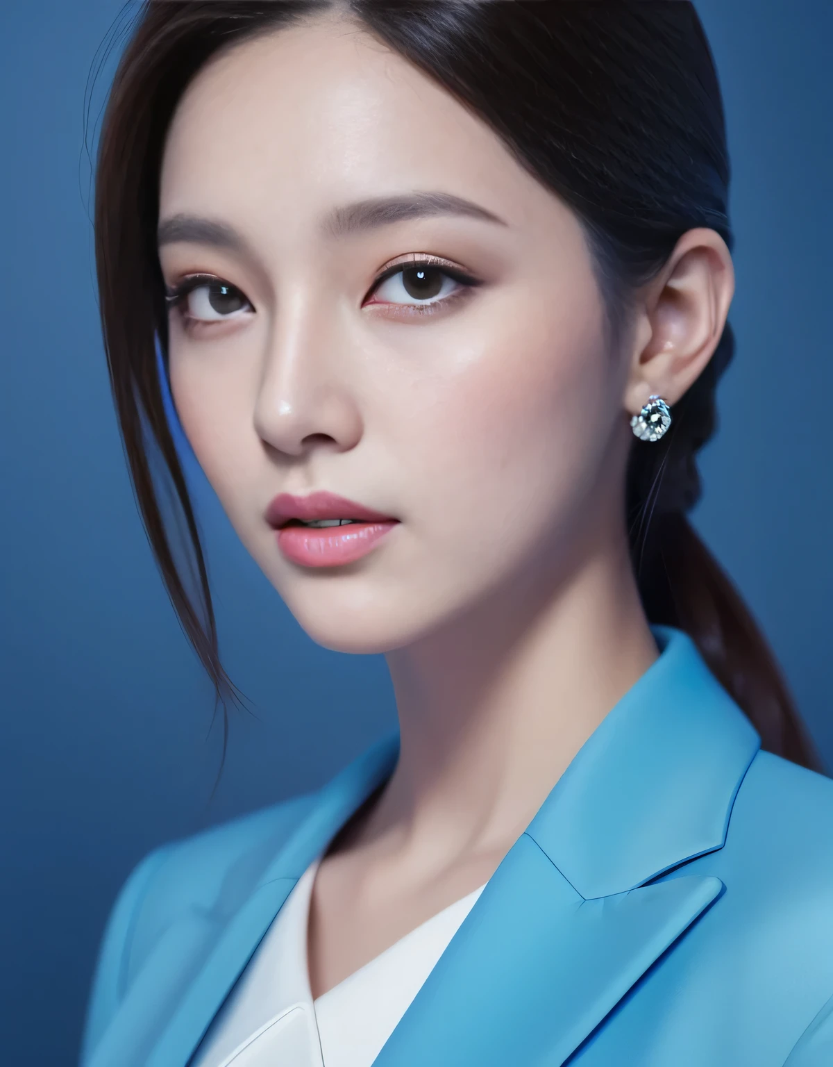 masterpiece,best quality, (1 milf), ((portrait:1.5)), makeup, glossy blue blazer, elegant black shirt, contrapposto, ((seduction expression)),