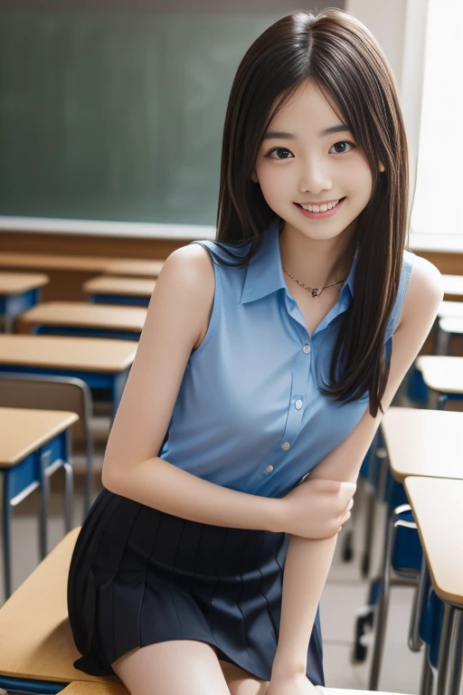 lens: 135mm f1.8, (highest quality),(RAW Photos),, classroom, uniform,cute, smile, Close-up, 12 years old