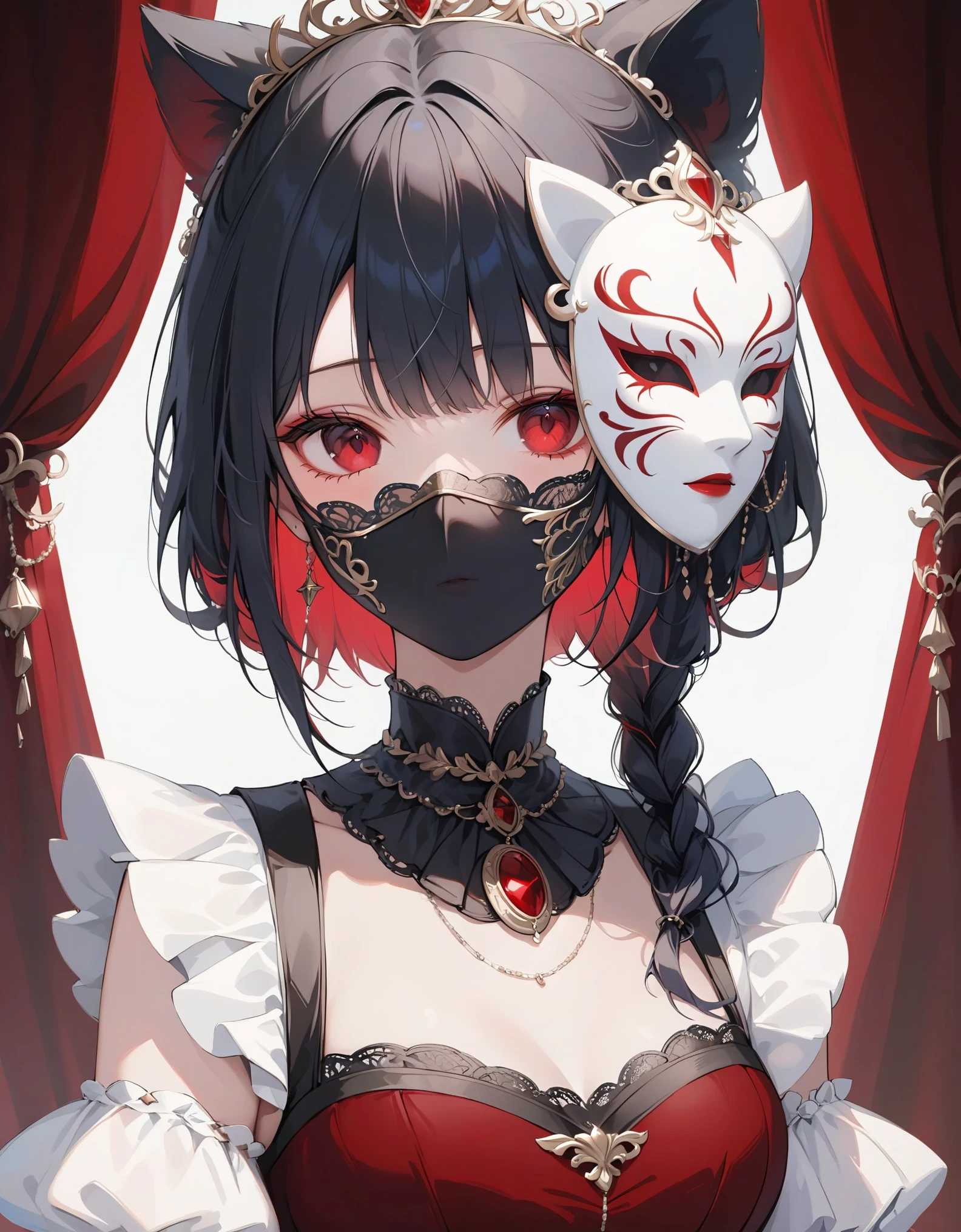 close-up, 1girl, solo, black hair with streaks of white, enigmatic red eyes, intricate theatrical mask, gothic Victorian dress with lace and velvet details, locket with a hidden compartment, dimly lit theater with red velvet curtains, masterpiece, best quality, very aesthetic, absurdes.