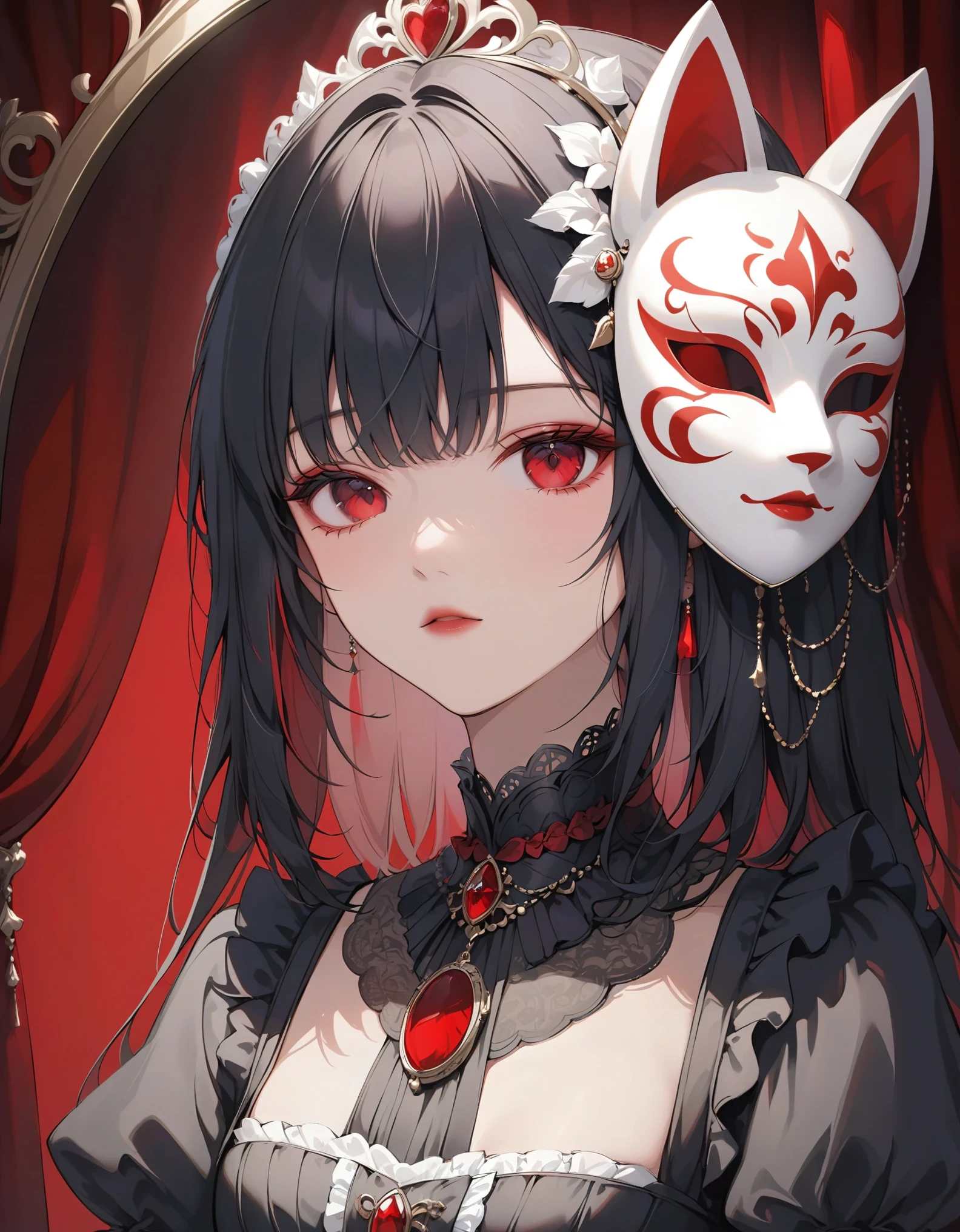 close-up, 1girl, solo, black hair with streaks of white, enigmatic red eyes, intricate theatrical mask, gothic Victorian dress with lace and velvet details, locket with a hidden compartment, dimly lit theater with red velvet curtains, masterpiece, best quality, very aesthetic, absurdes.
