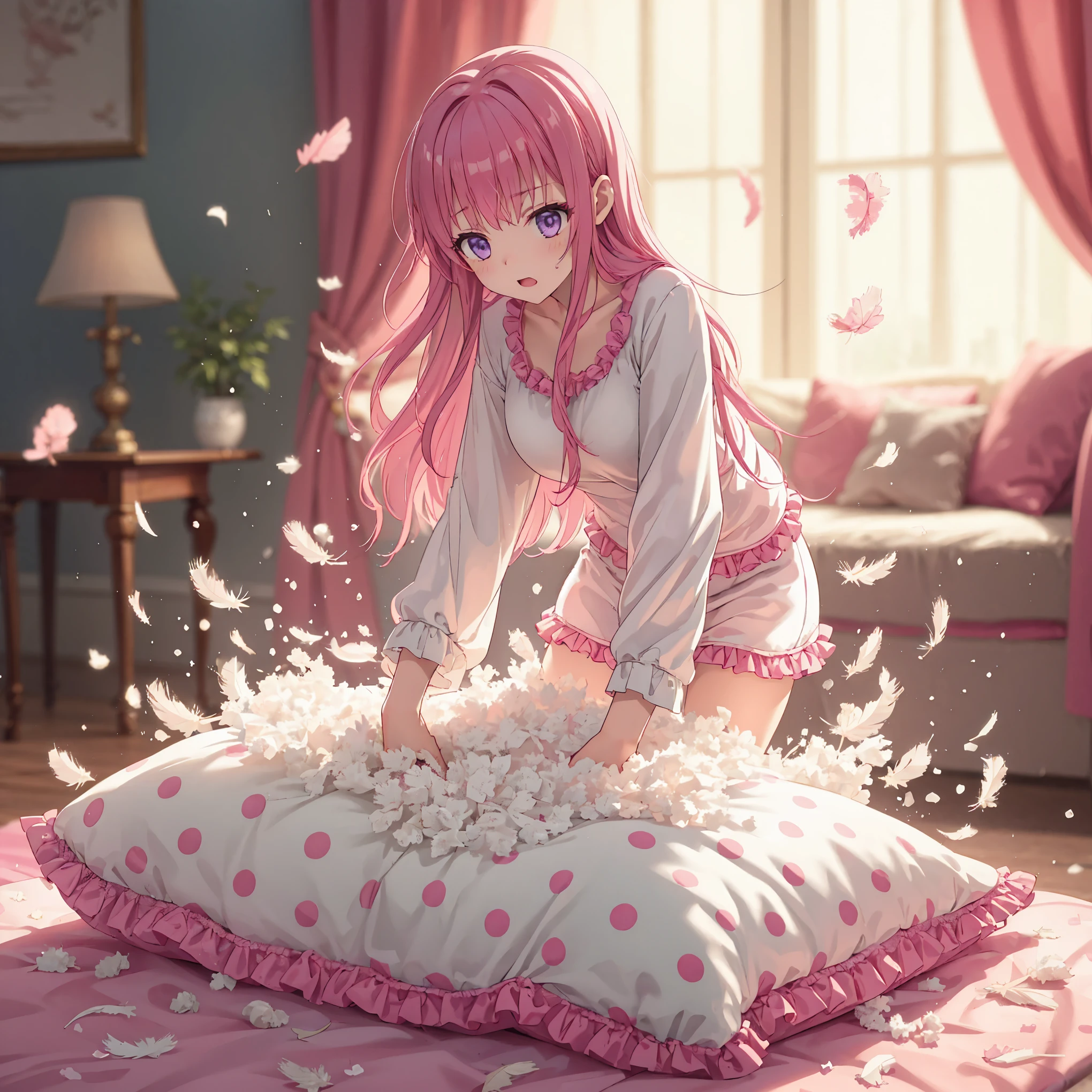 NSFW. a full-body with up perspective of an anime-style purple eyes, pink long hair female kids wearing a white pajama, standing and placing a giant, luxury pattern, frilled white pink polkadot cushion on the floor, tearing and ripping it with both hands until it's completely destroyed and then the stuffing of the cushion is taken and spread out using her hands too. After ruining it, the cushion should be ripping open with feathers and stuffing flying everywhere.The girl should have a ahegao and horny expression, focused on her task. The scene should show her in a luxury and cozy room with many giant, luxury pattern, frilled white pink polkadot square cushion around the floor, with the chaotic explosion of feathes around her, emphasizing the intense action.