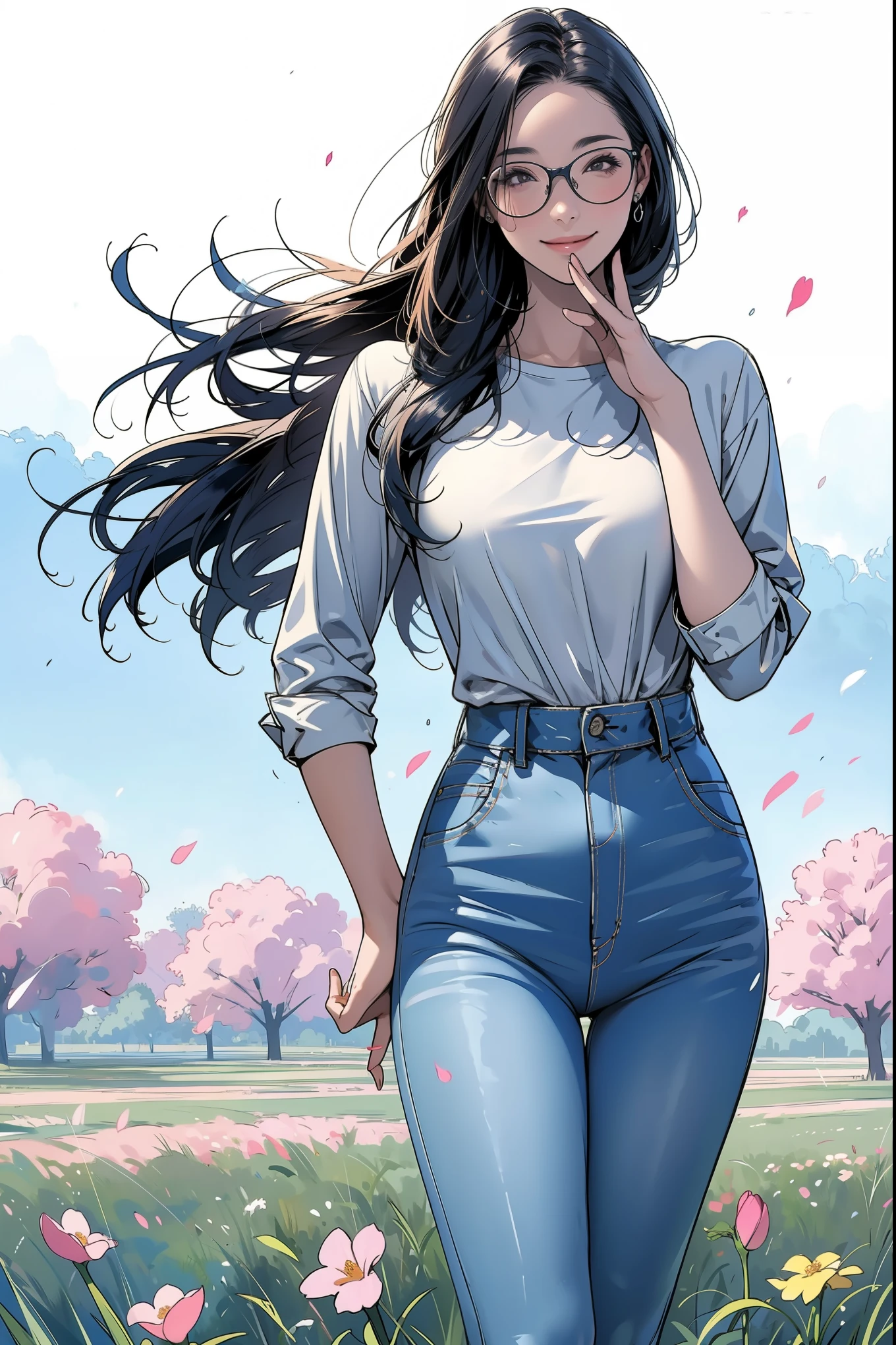 1 girl, black long hair, wearing white shirt, tight jeans, standing, at the fields full of flowers, hands on the hips, floating hair, wink and smile expression, 
