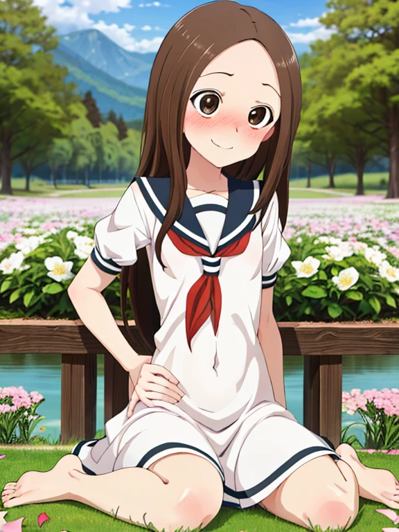 highest quality,High resolution、anime illustration style、takagi-san, one girl、closed mouth、smile、beautiful flower々Park with blooming flowers、A cute girl no matter who you look at、put your hands on your hips、absolute reference to center、smooth hair、closed mouth、brown hair、brown eyeedium hair, (masutepiece, Best Quality:1.2), 8K, 85 mm, Official art, Raw photo, absurderes, A dark-haired, (Blue eyes, Lolita Fashion, sweetlolita, Gothic, Dress:1.2), Idol face, Upper body, Beautiful Girl, gardeniass, Copenhagen, Short sleeve, Elegance, Sophisticated, gardenia, Film grain, chromatic abberation, Sharp Focus, face lights, Dynamic lighting, Cinematic lighting,(( red blush、embarassed expression, Look away、Looking down in embarrassment:1.2))、NSFW、A Certain Science Super Electromagnetic Cannon, vivid background, smiling at you, adorable girl, natural lights, (Realistic),(Photorealistic),Takagi_San, 1girl in, Long hair,, Brown hair, Part bangs, Brown eyes, red neckerchief, Forehead, Smile, Looking at Viewer,(Sitting), masutepiece,Full body, Best Quality, (Colorful),volumatic light, Ray tracing,the Extremely Detailed CG Unity 8K Wallpapers,Smile,((flying petal)),(Flowery meadow), Sunny,Sunshine, light, Fantasy, Windy, magic sparks, Trees, lake, mountainscape, ((Flowers)),field, (((nude, naked, no clothes, barefoot)))