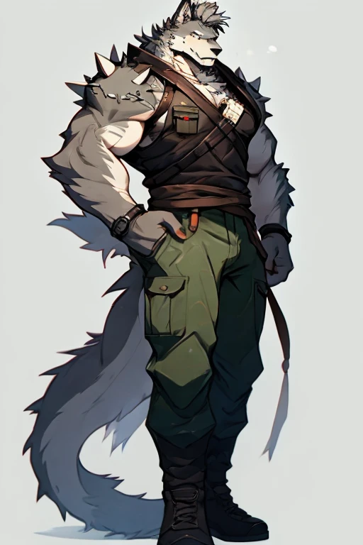 An Upper Torso Body And Right Side Body Picture of A Very Muscular Furry style Gray Wolf. he is wearing Full Armed Long Dark Green Soldier military Suit outfit. He is looking at the viewer. The background is only solid white nothing but just white. His hair is spikey and messy. He have A gray hair. He have a little smile with blushes on his face in shyness. He have a very long tail. he have gray eyes. his both hand are gripping together in between his legs. he is standing in the background.