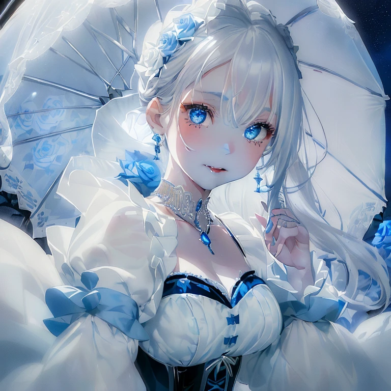 ((Silver and blue mixed hair)),((Short Straight Hair)),((Expressionless)),((Half-open eyes)),(A long-sleeved dress with plenty of frills and double sleeves),(striped long sleeve tops),((white long vest),((Sparkling sequined corset)),((White and silver-blue frilly parasol)),((Front view)),A slight red tide,((look at me、she dressed boldly.)),((Covered in white and blue roses))(vampire),(([Long fangs)),(Yodare),(Fresh blood around the mouth),(((Face close-up))),((Collar and necklace decorated with roses)),(A moonlit night with a big full moon),((Late night outdoors)),(The whole place is enveloped in a pale light.)