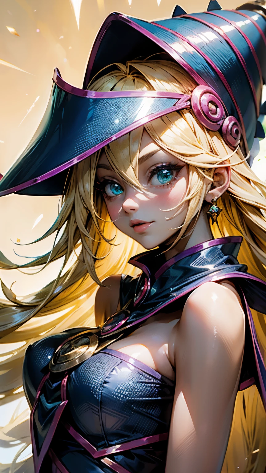 Portrait of dark magician girls、sonrriendo 、expresión bright、horsetail、young, Glossy, bright, white skin、cheek highlight、The best beauty、Of course, Silky blonde hair with dazzling highlights.、Cabello bright y bright,、Super long silky straight hair.、Flequillo hermoso y bright、Grandes ojos azules brights como joyas brights.、very beautiful cute pretty girl、wide bust