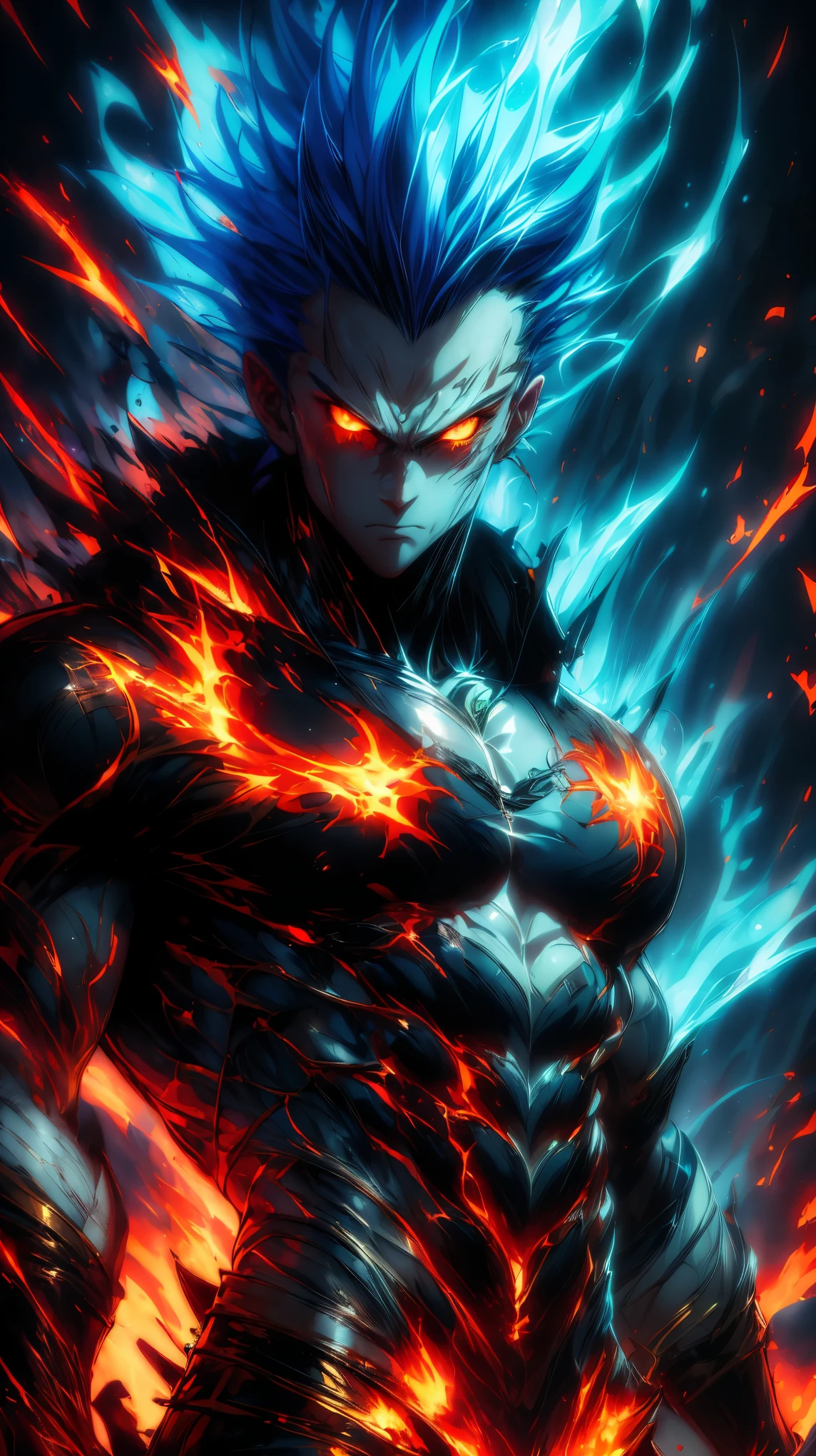 (Aesthetics, Hi-Res: 1.2), Get ready for a visual feast with 1 Titan, solo, brilliant blue hair and tattoos, a creature with a handsome face and piercing golden eyes . In his transformed state, he radiates extreme instinct and power, creating an epic animation of this energetic man. fire and lava in stunning anime artwork that will leave you in awe. This concept art comes straight from the Bleach Universe, with manga-style 8k wallpapers that will transport you to another dimension. Prepare to be amazed by this detailed work of digital anime art, representing the ultimate combination of style and power.