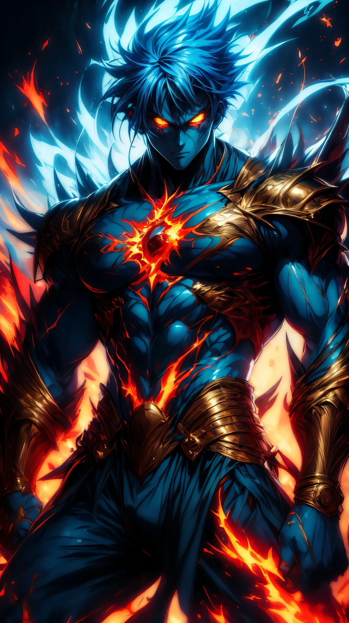 (Aesthetics, Hi-Res: 1.2), Get ready for a visual feast with 1 Titan, solo, brilliant blue hair and tattoos, a creature with a handsome face and piercing golden eyes . In his transformed state, he radiates extreme instinct and power, creating an epic animation of this energetic man. fire and lava in stunning anime artwork that will leave you in awe. This concept art comes straight from the Bleach Universe, with manga-style 8k wallpapers that will transport you to another dimension. Prepare to be amazed by this detailed work of digital anime art, representing the ultimate combination of style and power.