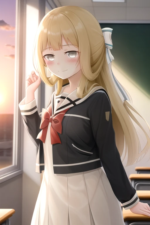 (sunset light:1.1), (cowboy shot, shoot from front:1.2), classroom, 1girl, solo, blush, blonde hair, brown hair, grey eyes, crazy eyes, (empty eyes, sad smile, dark persona:1.2), school uniform, hair ribbon, serafuku, blunt bangs, bowtie, sailor collar, red bow, dress,