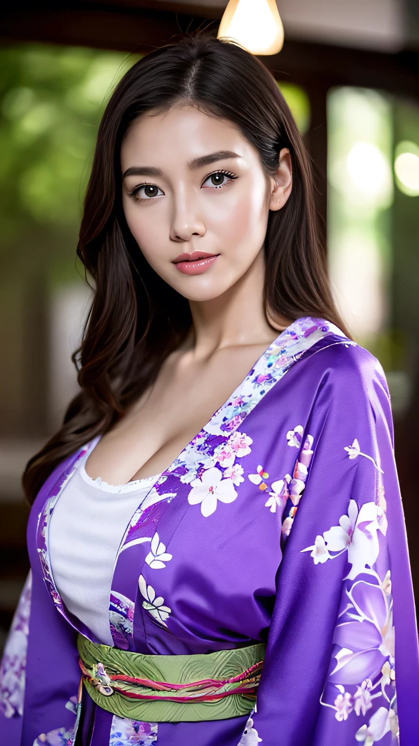 Realistic, Highest quality, 8k, woman, 20-year-old, Sakura pattern kimono, Large Bust, Long Hair, Ultra-detailed skin textures, Soft Lighting, Fairy, Bokeh, purple Lipstick, Sensual Lipstick, Sensational Make up 