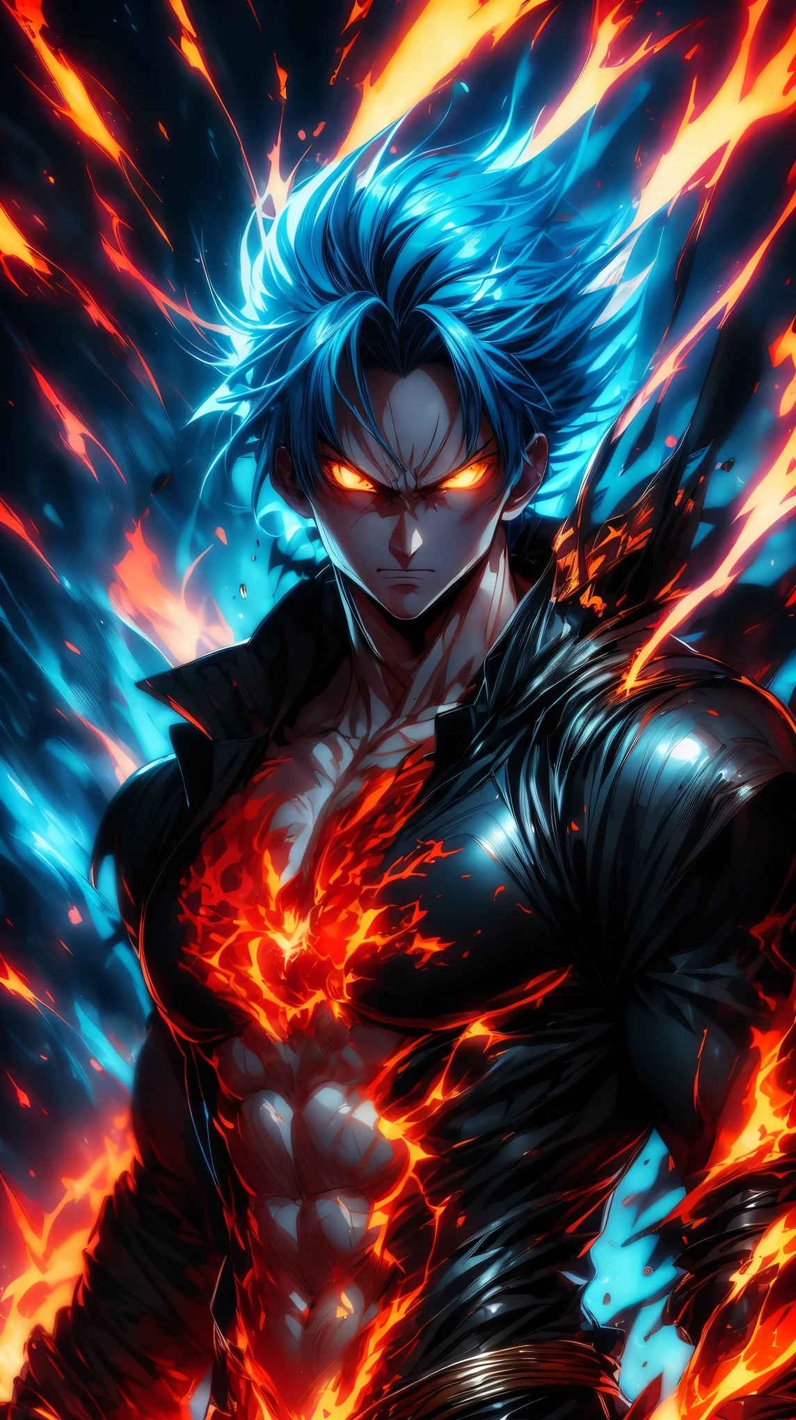 (Aesthetics, Hi-Res: 1.2), Get ready for a visual feast with 1 Luffy, solo, brilliant blue hair and tattoos, a creature with a handsome face and piercing golden eyes . In his transformed state, he radiates extreme instinct and power, creating an epic animation of this energetic man. fire and lava in stunning anime artwork that will leave you in awe. This concept art comes straight from the Bleach Universe, with manga-style 8k wallpapers that will transport you to another dimension. Prepare to be amazed by this detailed work of digital anime art, representing the ultimate combination of style and power.