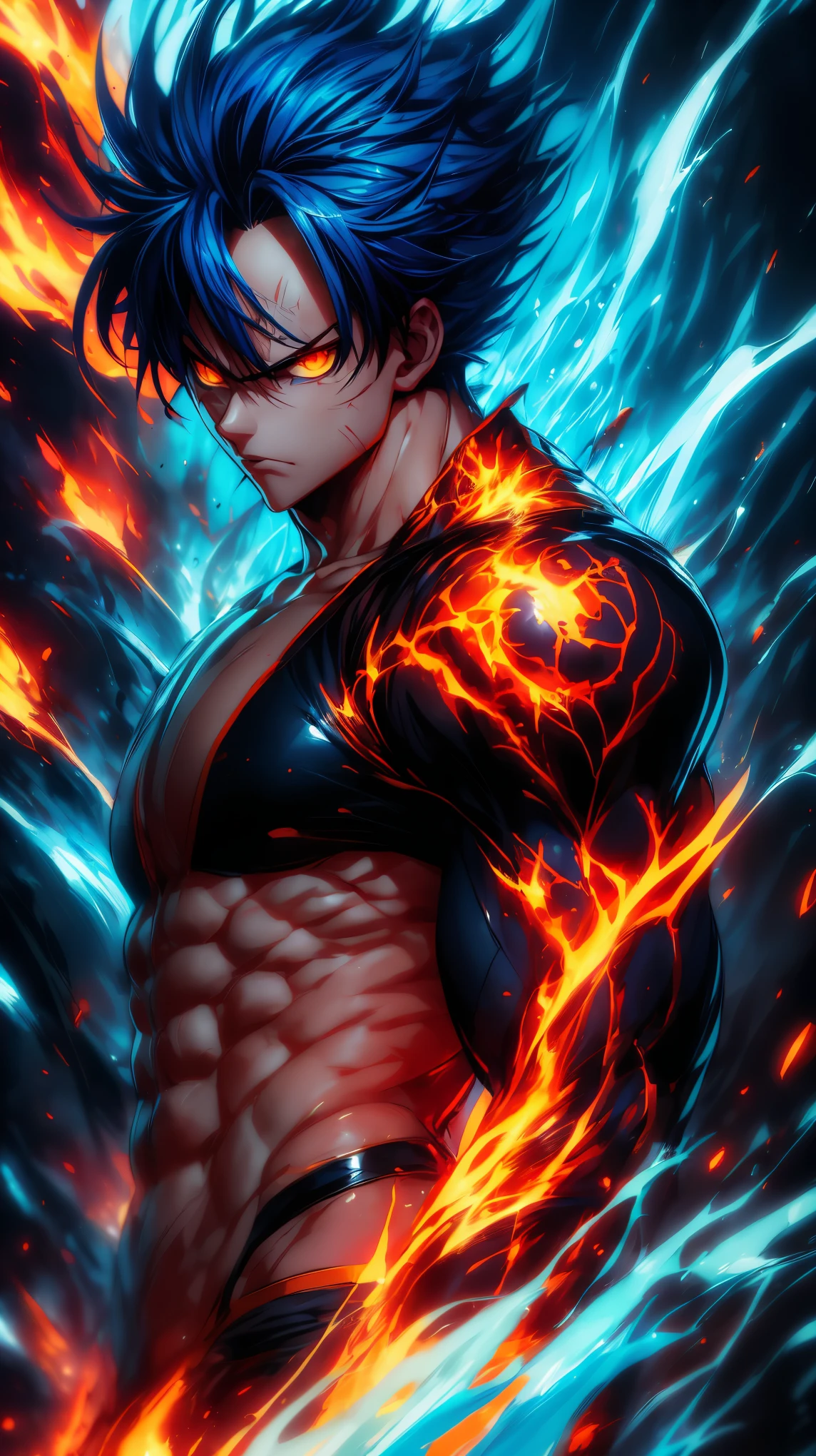 (Aesthetics, Hi-Res: 1.2), Get ready for a visual feast with 1 Luffy, solo, brilliant blue hair and tattoos, a creature with a handsome face and piercing golden eyes . In his transformed state, he radiates extreme instinct and power, creating an epic animation of this energetic man. fire and lava in stunning anime artwork that will leave you in awe. This concept art comes straight from the Bleach Universe, with manga-style 8k wallpapers that will transport you to another dimension. Prepare to be amazed by this detailed work of digital anime art, representing the ultimate combination of style and power.