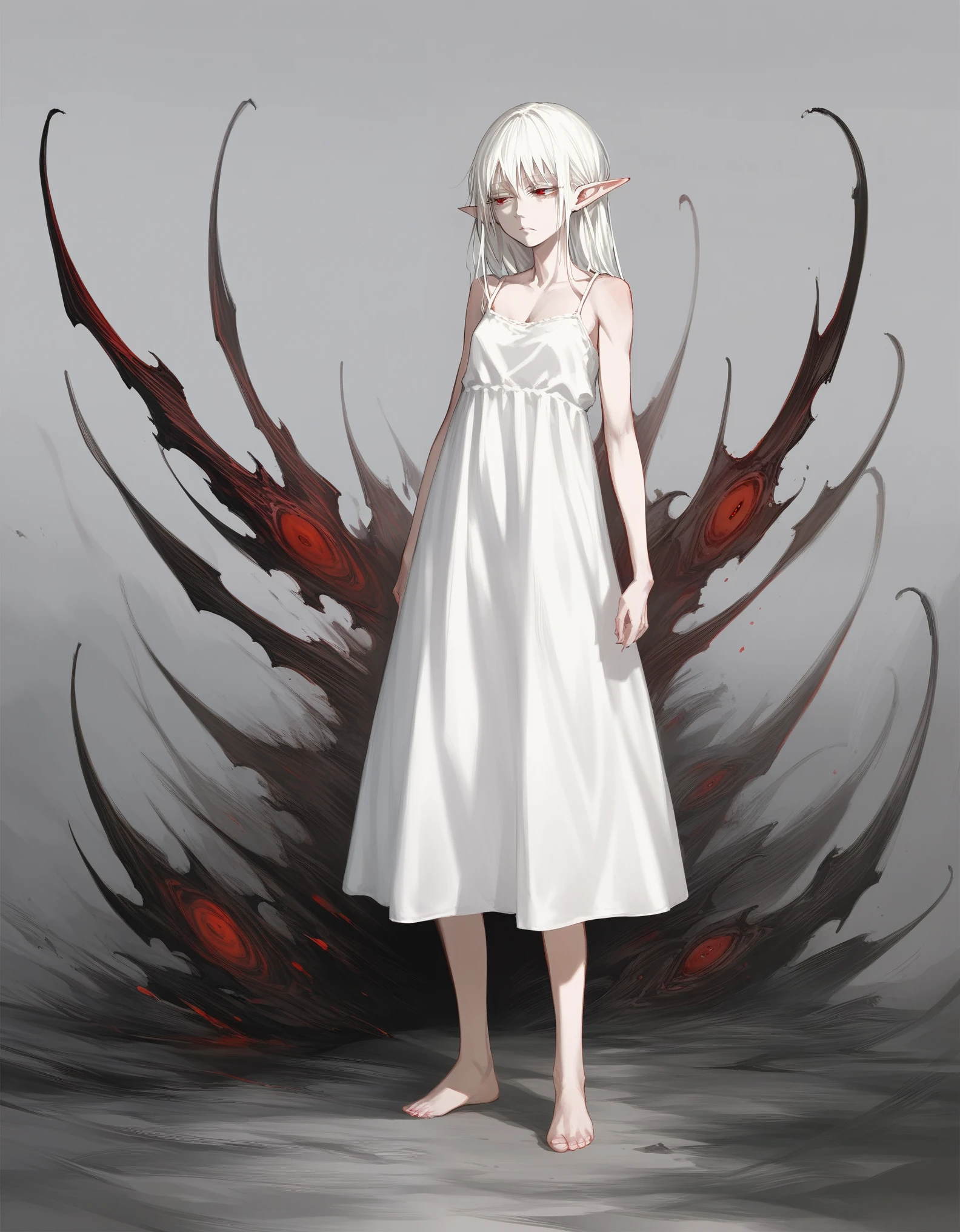 1girl, solo, full body, Diabolical, Ruined palace in the distance, Gloomy painting style，
Anime Girls, (white long camisole), pale skin, albino, white hair, elf ears, half closed eyes, red eye,
Score_9,Score_8,score_7_up,source_anime, rating_questionable,