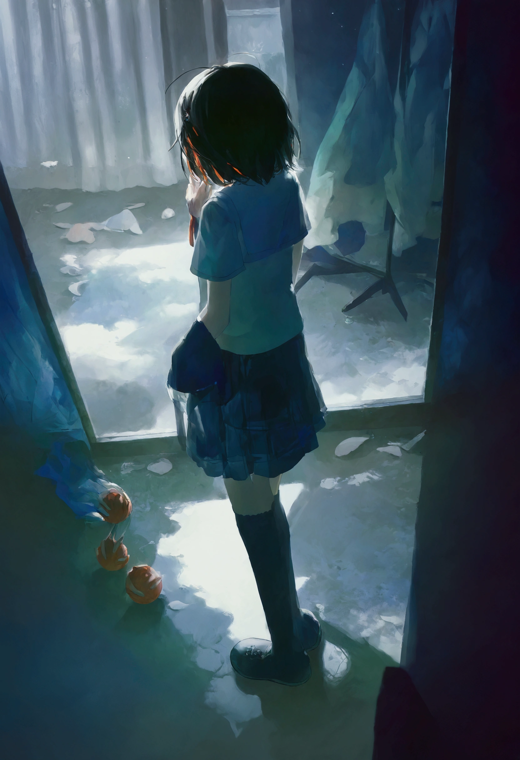 score_9, score_8_up, score_7_up, score_6_up, score_5_up, 1girl standing in front of a mirror, horror, dulled colors, Highly detailed, Ultra HD, High resolution, 8k, Wide angle shot, five point perspective, use of color theory, amazing art, masterpiece, best quality, high detail, style of makoto shinkai, by makoto shinkai, by Makoto Shinkai, trending on art-station, trending on art, 4K resolution, perfect lighting, perfect colors, perfect perspective, balanced composition,High quality, cinematic, dramatic, vibrant colors, dynamic, intricate, detailed, by makoto shinkai,