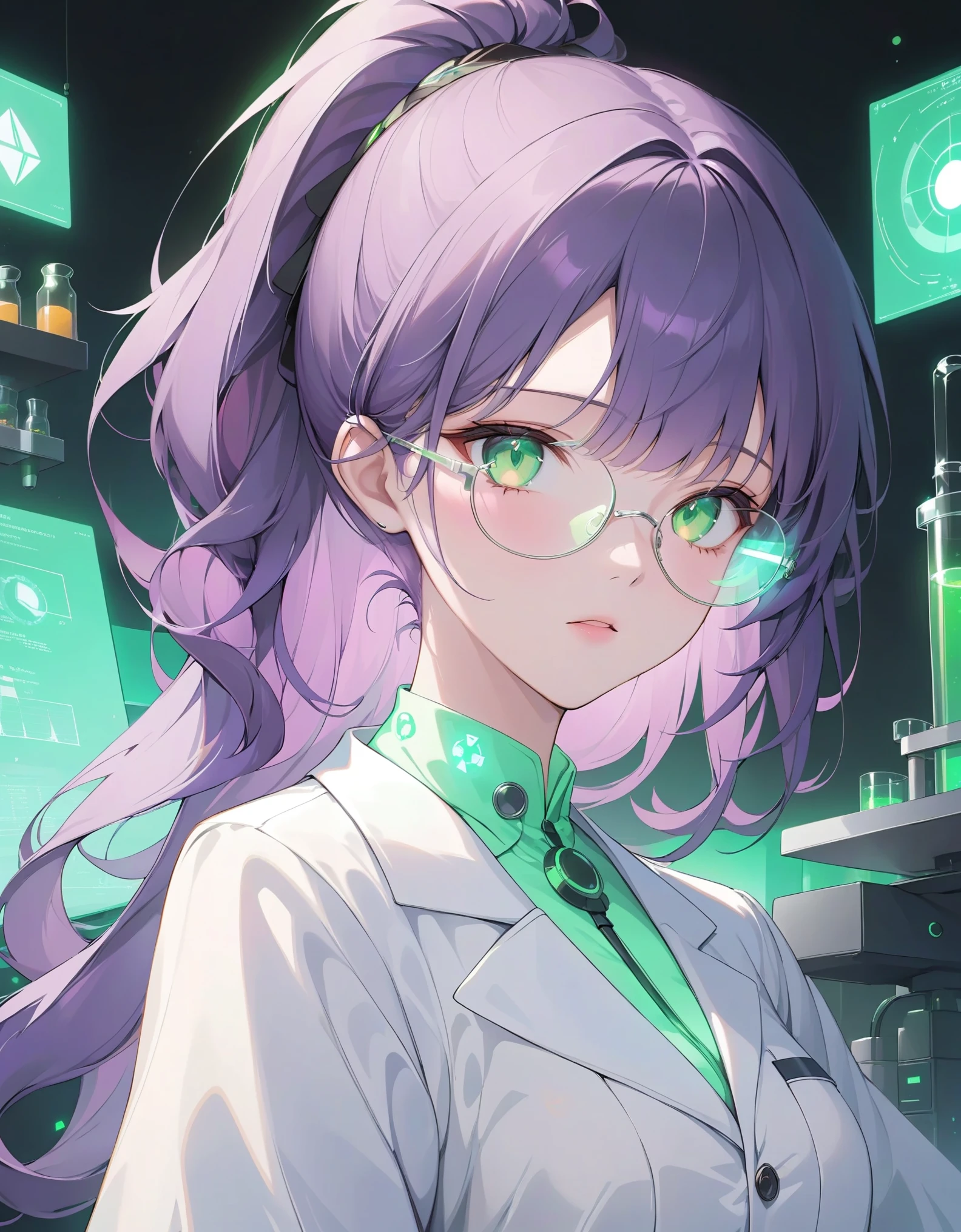 close-up, 1girl, solo, wavy purple hair, high ponytail, bright green eyes, lab coat adorned with glowing symbols, futuristic glasses displaying data streams, laboratory filled with bubbling beakers and strange machines, eerie green light of the Earth projection, masterpiece, best quality, very aesthetic, absurdes. 