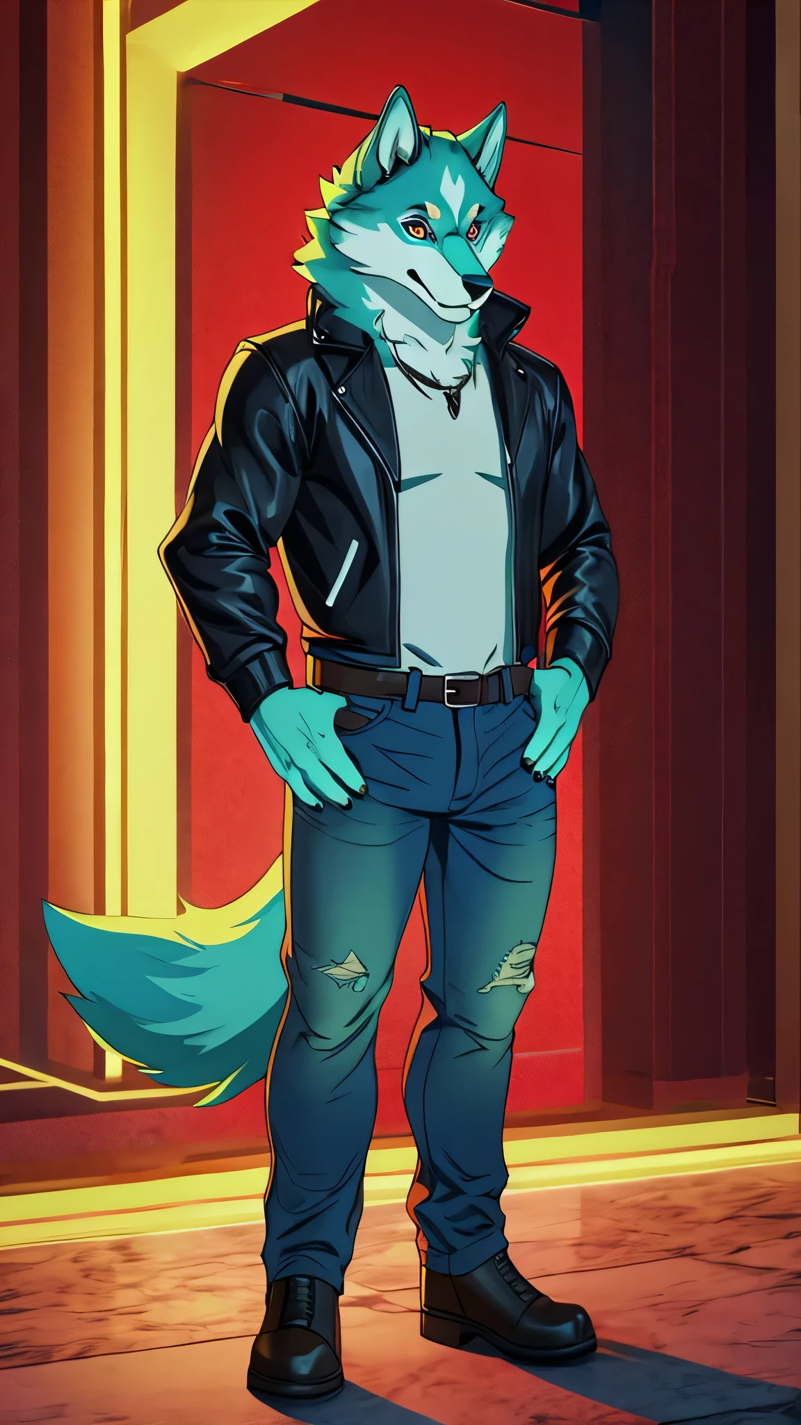 Wolf, male, turquoise fur, fur on hands, detailed eyes, standing, hand on hip, leather jacket, jeans 