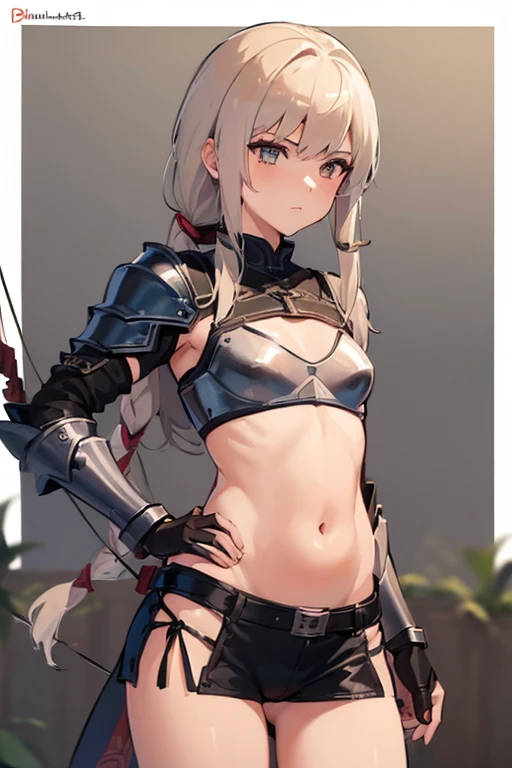 (((Female Archer)))、(((Wears a small amount of leather armor)))、(((Belly button)))、Holding up a magic wand、 Best Quality, masterpiece, Ultra-high resolution、(Mid-length hair)、middle ages、Sexy pose、((Exposed Skasy)、Ready your bow、((Oily skin))、whole body、Taking aim