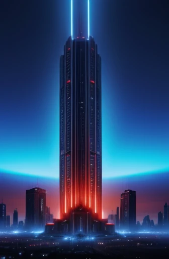 Abandoned building with huge futuristic towers with flashing red lights on a blue background、Abandoned mechs live in an abandoned futuristic city.、The tower has been remodeled and rebuilt by the robots, and there is no trace of the tower.、It may have once been a building.