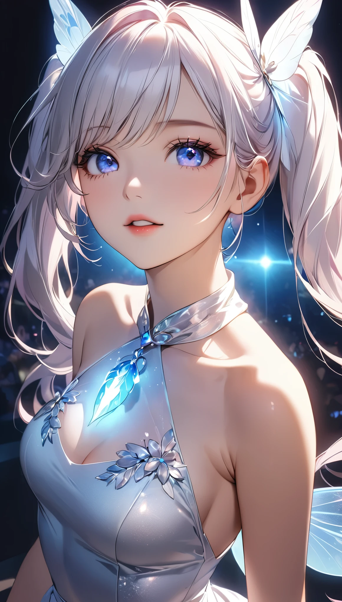 透き通るような真っ白い髪のFairy, ((Silver-white hair, Long Hair, Long twin tails)), A transparent body, Luminous Feather, Petite body, Fairy, Beautiful and detailed eyes, Beautifully detailed lips, Very detailedな目と顔, Long eyelashes, Natural Makeup, Expressionless, Mouth slightly open, Looking up pose, Random Pause, High Detail, high quality, 8k, Very detailed, Anime Style:1.2, Beautiful CG illustrations, Cinema Lighting, Vibrant, elegant, Female Curves, Shine肌, Shine, Chiaroscuro.
