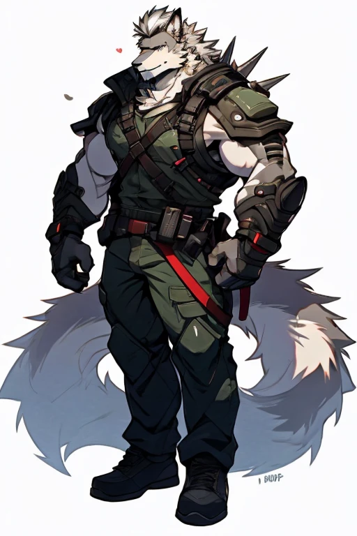 An Upper Torso Body And Right Side Body Picture of A Very Muscular Furry style Gray Wolf. he is wearing Full Armed Dark Green Soldier military Suit outfit. He is looking at the viewer. The background is only solid white nothing but just white. His hair is spikey and messy. He have A gray hair. He have a little smile with blushes on his face in shyness. He have a very long tail. he have gray eyes. his both hand are gripping together in between his legs. he is standing in the background.