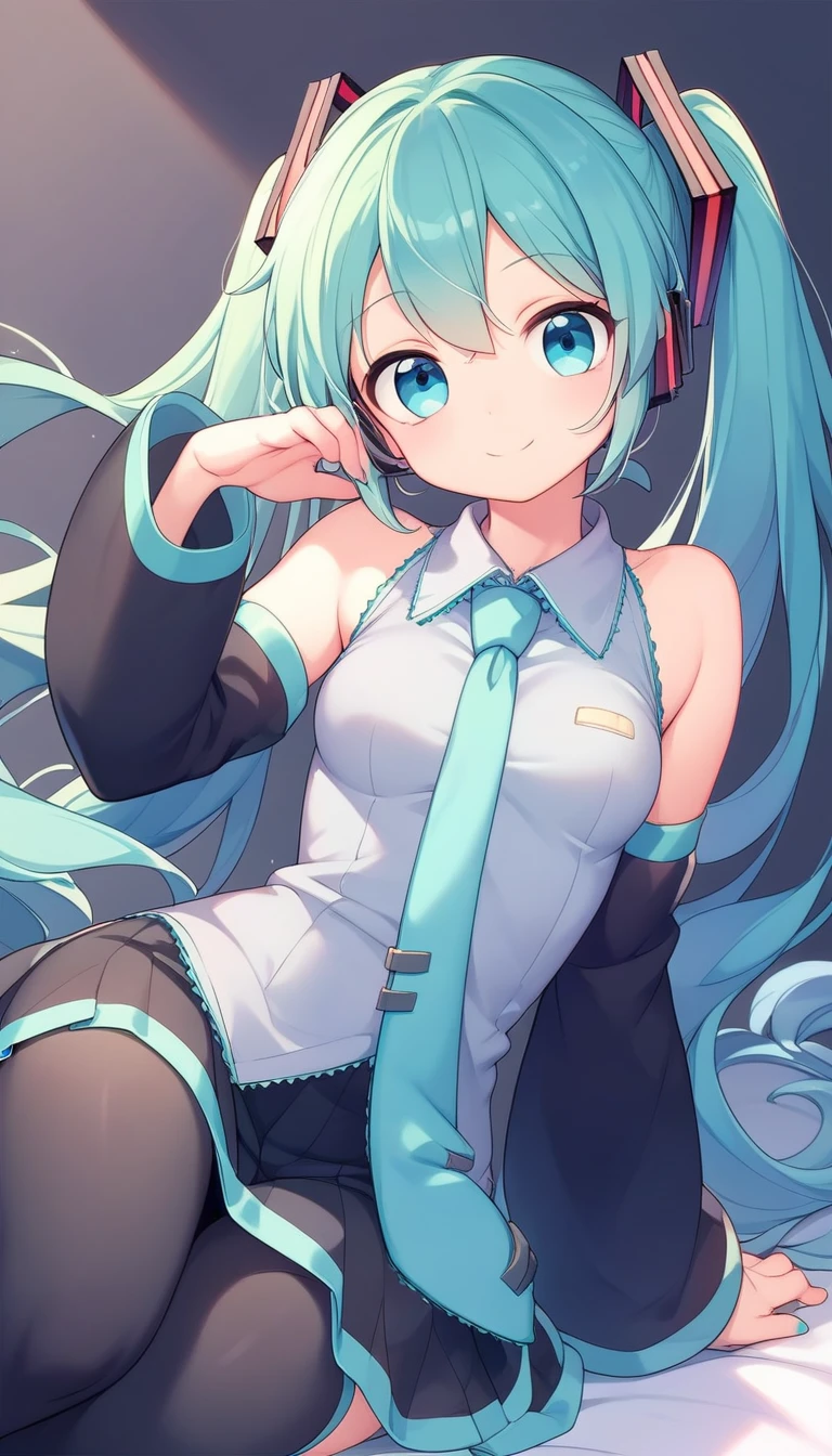 Best Quality、High image quality、8k、One girl、Hatsune Miku、Small breasts、Sit on the bed、smile、In a dark room、The eyes glow faintly、View here、Out-of-place clothes