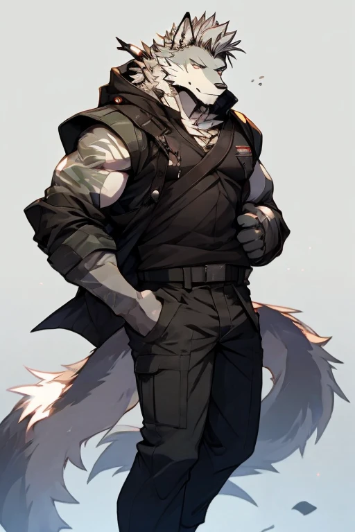 An Upper Torso Body And Right Side Body Picture of A Very Muscular Furry style Gray Wolf. he is wearing Full Armed Dark Green Soldier military Suit outfit. He is looking at the viewer. The background is only solid white nothing but just white. His hair is spikey and messy. He have A gray hair. He have a little smile with blushes on his face in shyness. He have a very long tail. he have gray eyes. his both hand are gripping together in between his legs. he is standing in the background.