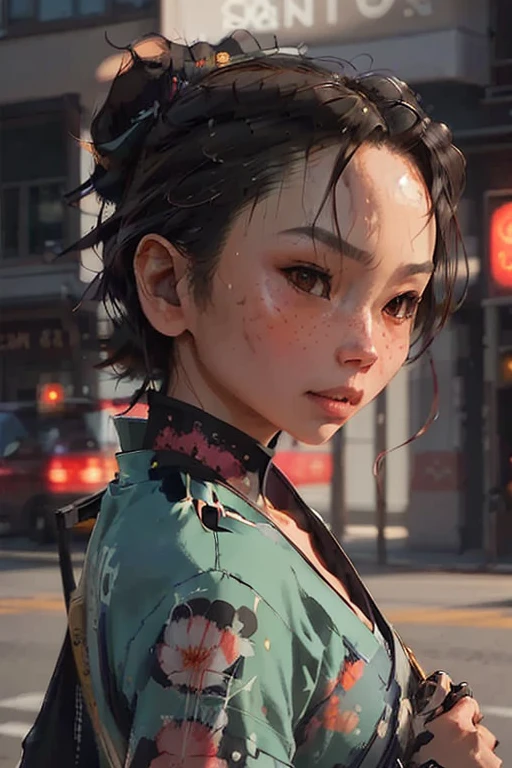 one girl, Samurai, 25yo woman, hyperrealism, very detailed skin, 4k,,, AshleyWoodArtAI,, katana profile picture, Organic Painting, night time, Matte Painting, bold shapes, hard edges, street art, trending on artstation, by Huang Guangjian and Gil Elvgren and Sachin Teng, Glow, katana, neon lights