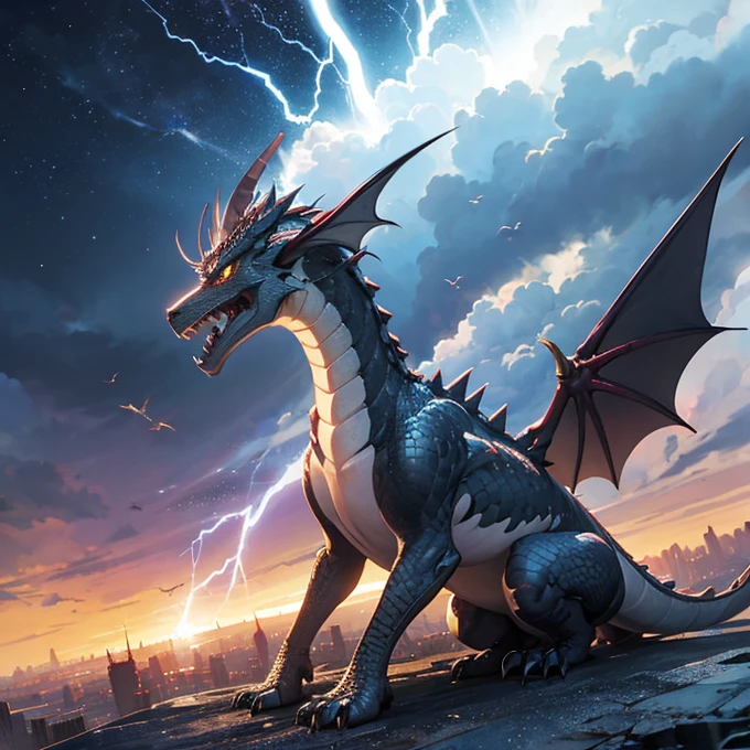 　Dragon　Quadrupedal　Lightning strike background　It&#39;s thundering　Black body