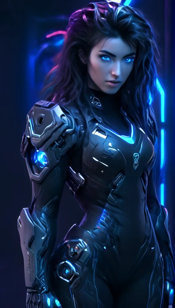 A woman wearing exoskeleton cyber armor, The armor fits snugly、(((She has a plasma gun in her hand))), Full body photo, Maximum details, Superior quality through precise drawings, 8k,chest, blue eyes,  High resolution, 超High resolution, Best Quality, Shortcuts, Big chest, Cinematic Lighting Effects, Futuristic beautiful black hair woman, Shining blue eyes, Cyberpunk style woman, ((High tech spaceship interior with blue light illumination)), High-quality images、Black Hair, Shortcuts, 