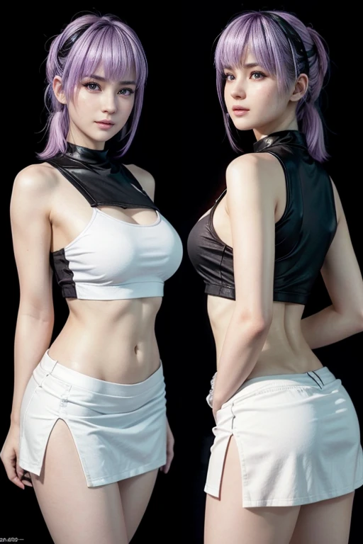 cute woman in white top with purple hair, very big breasts, realistic