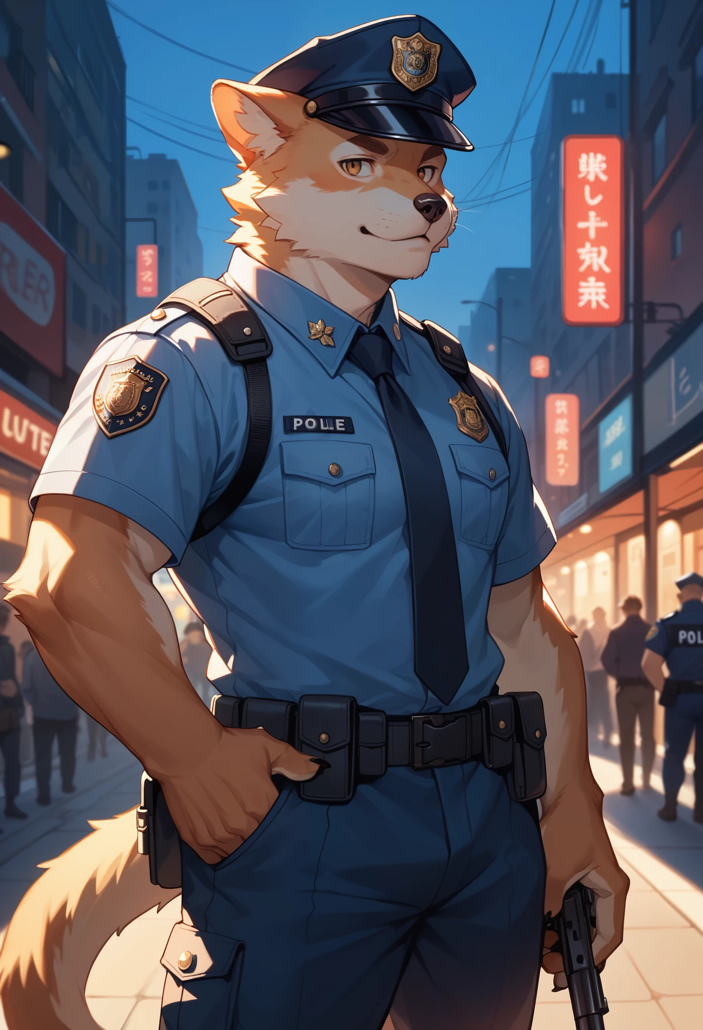 rating_safe, score_9, score_8_up, score_7_up, score_6_up, score_5_up, score_4_up, hires, cover page, absurdres, perfect anatomy(kemono, furry anthro, handsome boy)police officer, street, good lighting, cinematic shadow,